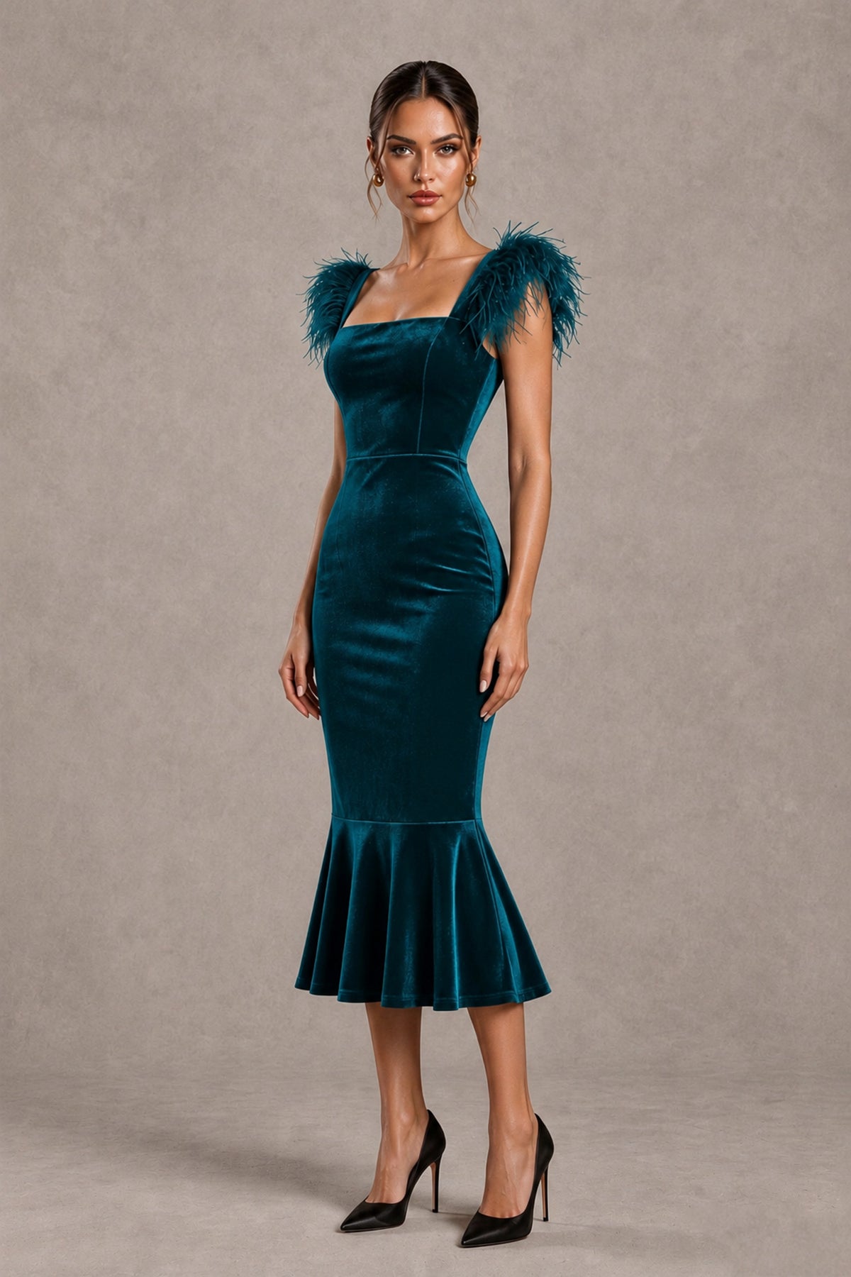 BOLODOO Peacock Feather-Trim Velvet-Look Mermaid Midi Dress - Peacock - Peacock_4