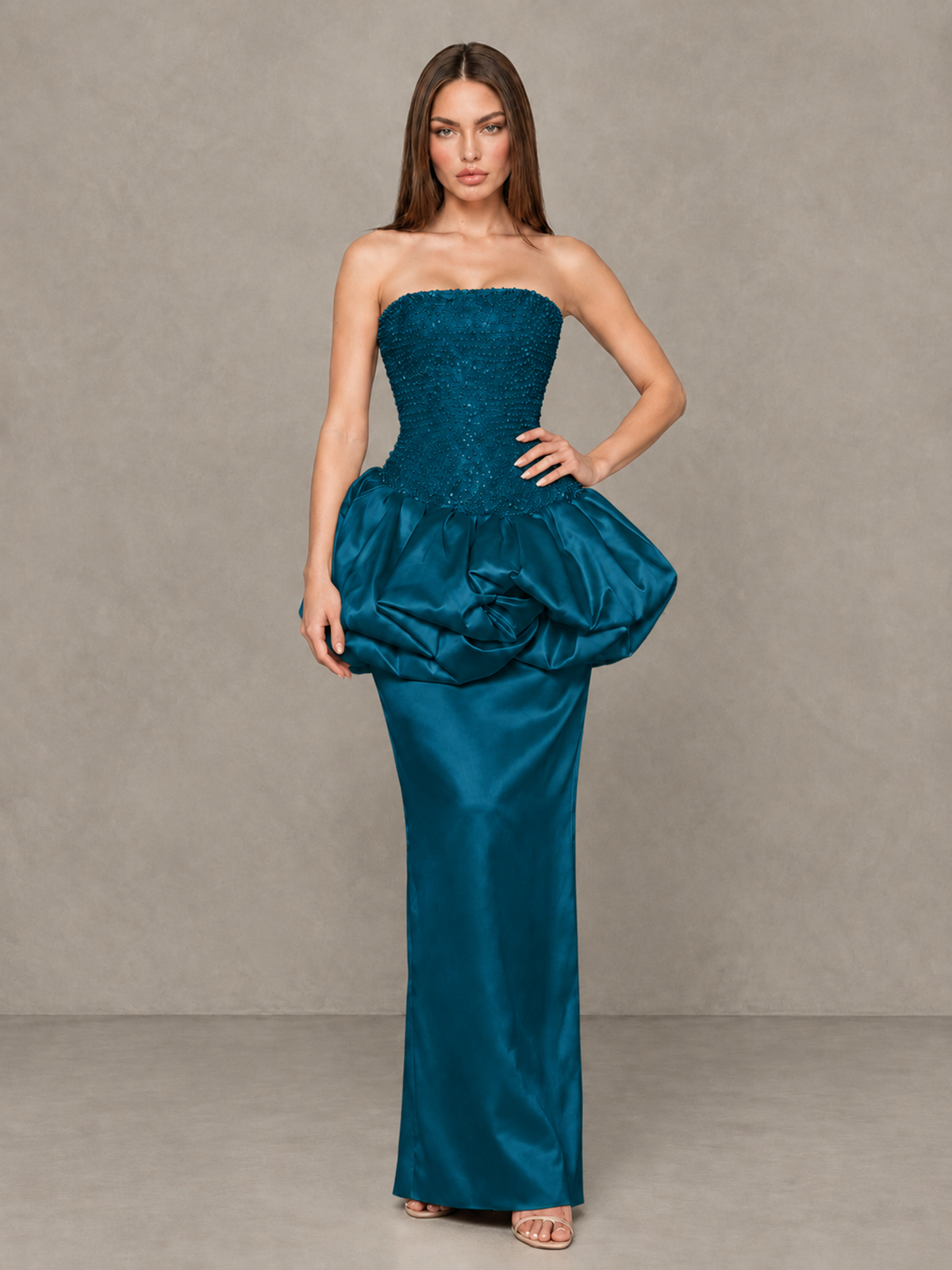 BOLODOO Peacock Strapless Embellished Bubble Peplum Evening Dress - Peacock - Peacock_4