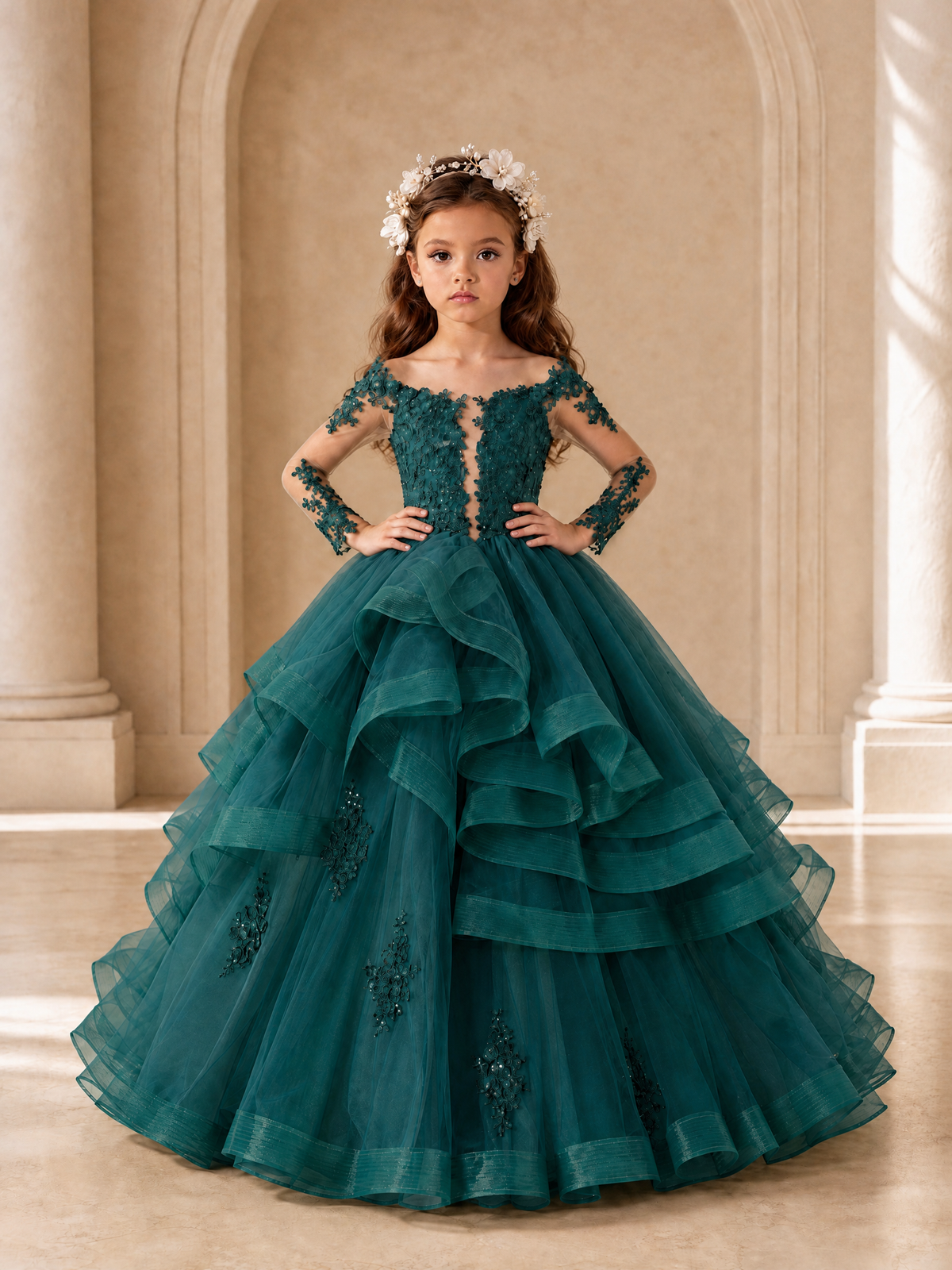 BOLODOO Peacock Lace Long Sleeve Tiered Flower Girl Dress - Peacock - Peacock_4