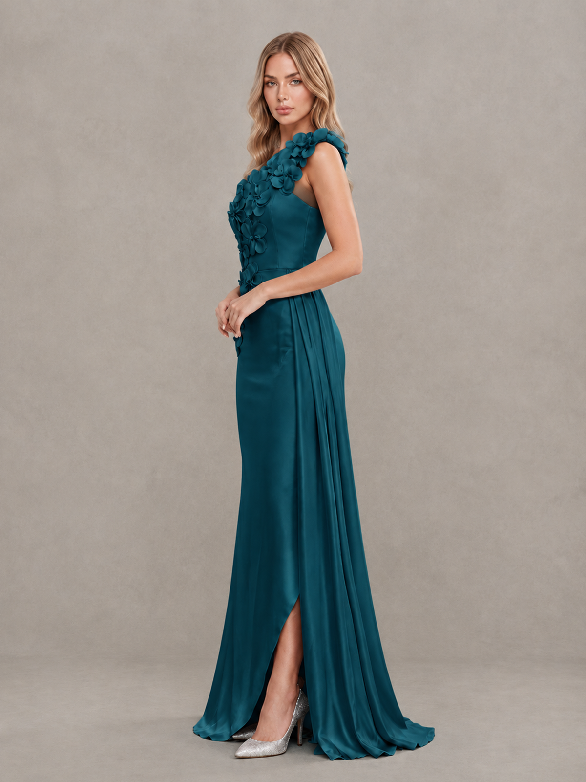 BOLODOO Peacock One-Shoulder Satin Mermaid Evening Gown with 3D Floral Appliqué - Peacock - Peacock_4