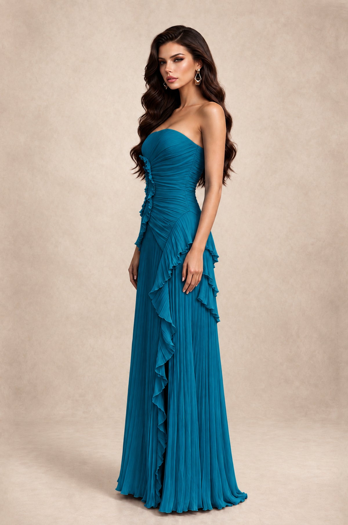 BOLODOO Peacock Strapless Ruffle Pleated Slit Evening Gown - Peacock - Peacock_4