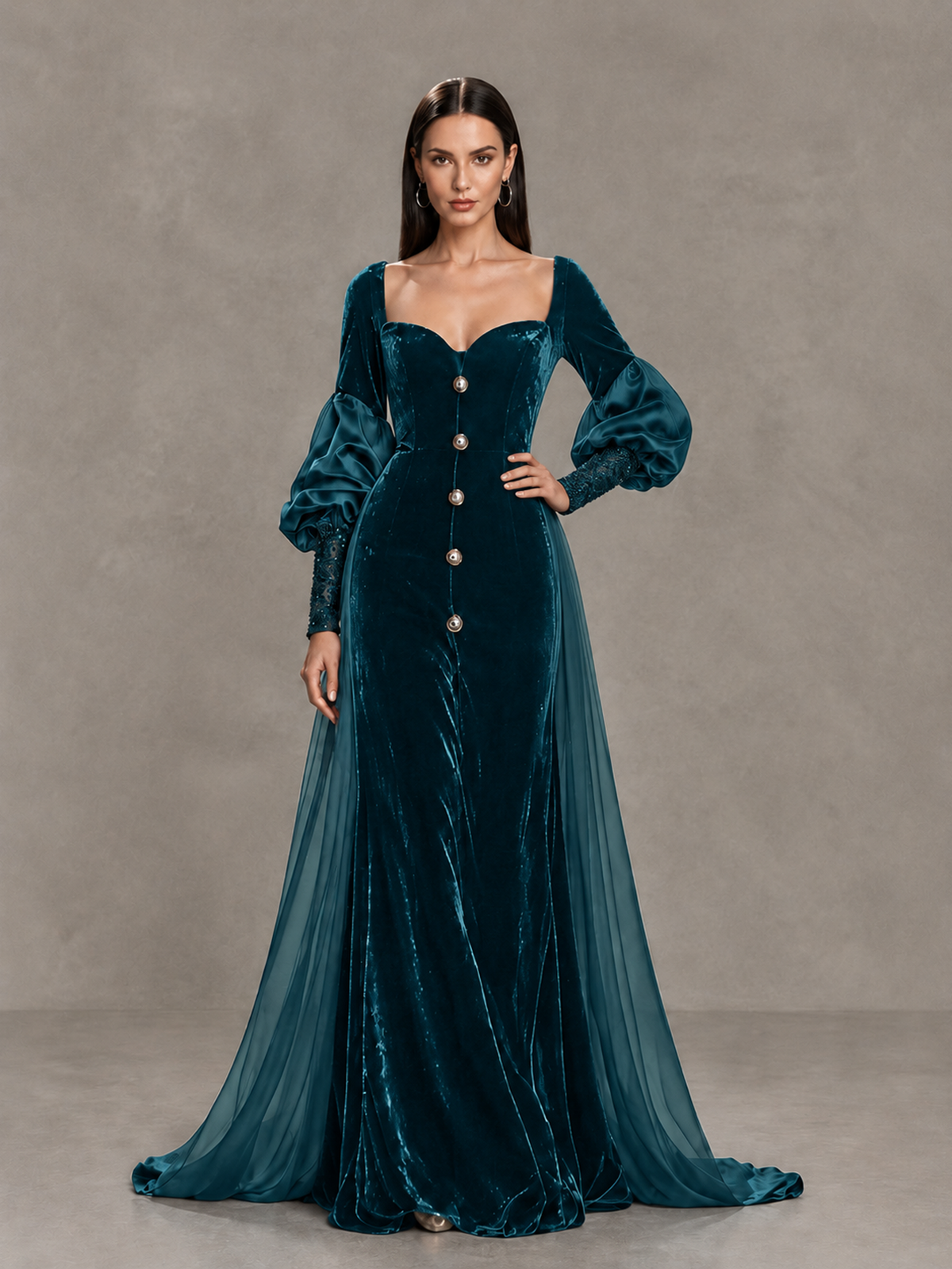 BOLODOO Peacock Velvet Long Sleeve Open-Back Evening Gown - Peacock - Peacock_4