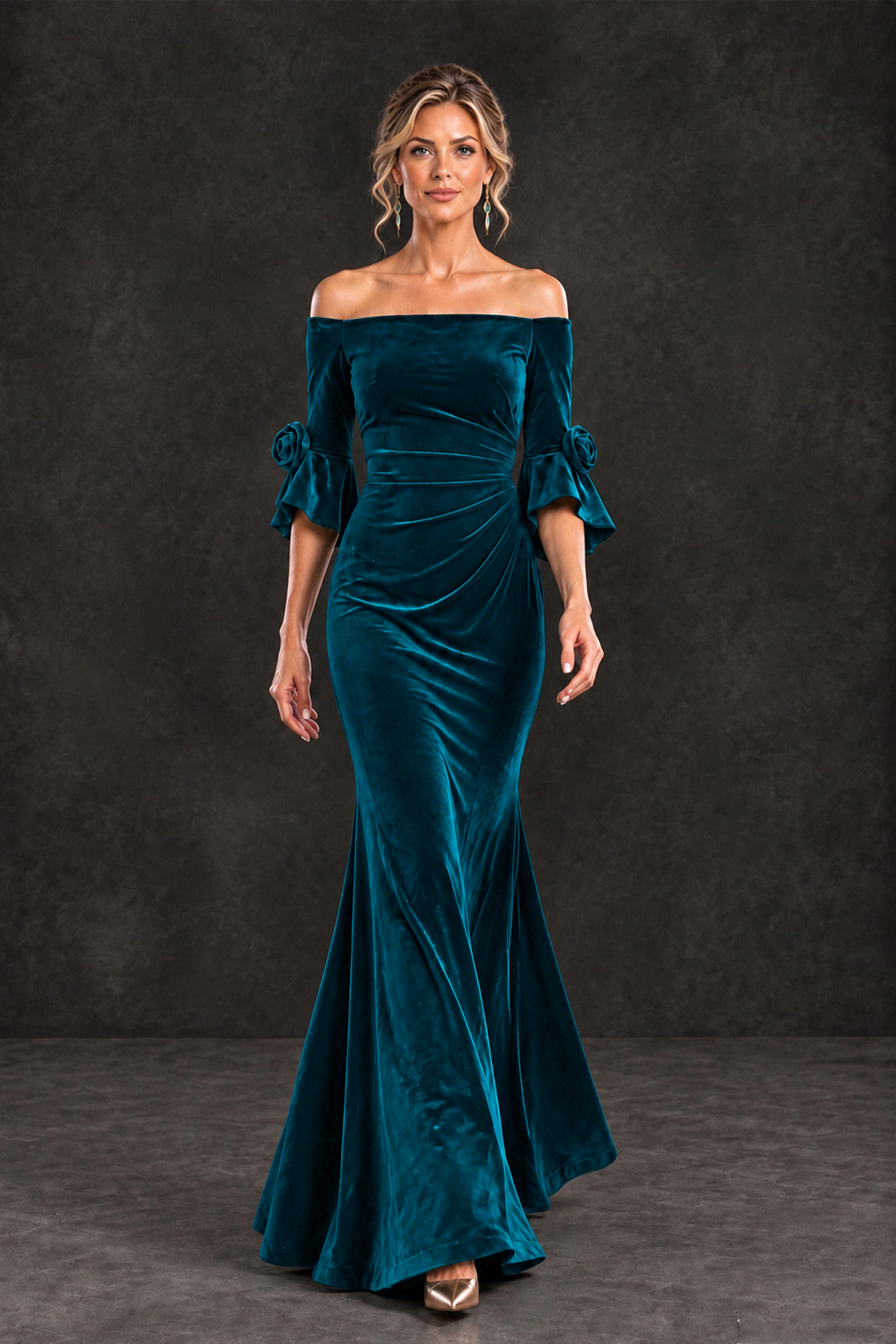 BOLODOO Peacock Velvet Off-Shoulder Mother of the Bride Dress – 3/4 Floral Cuff Sleeve Mermaid Evening Gown - Peacock - Peacock_4