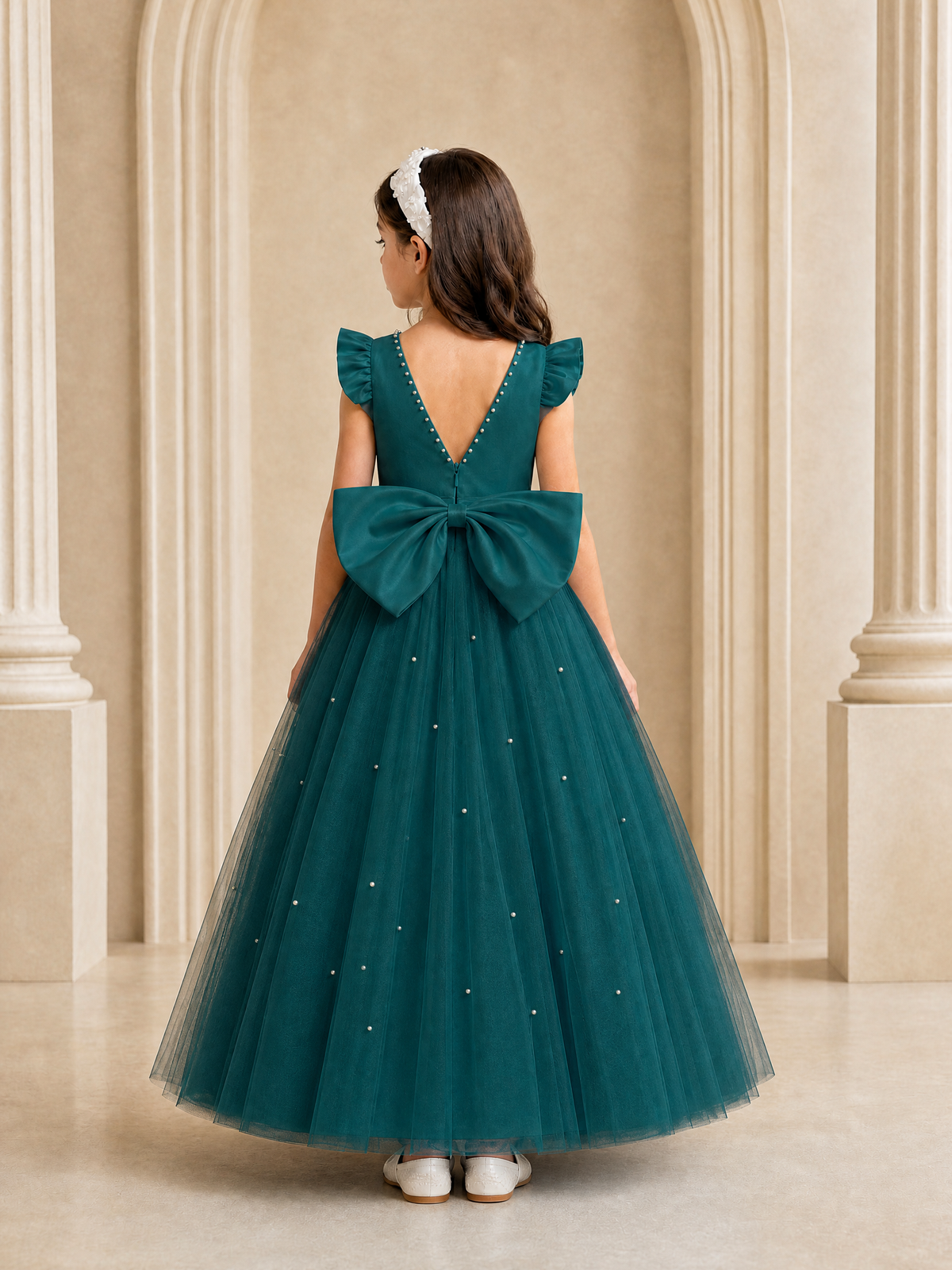 BOLODOO Peacock Tulle Flower Girl Dress with Ruffle Sleeves & Bow Back - Peacock - Peacock_4
