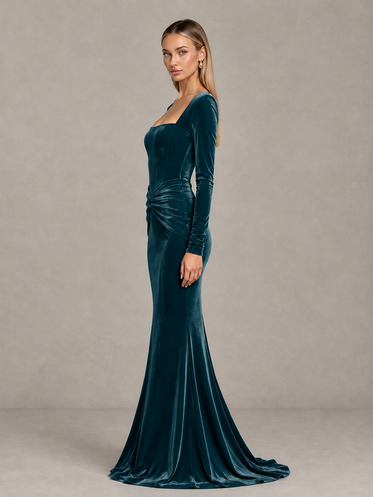 BOLODOO Peacock Velvet-Look Square Neck Long Sleeve Mermaid Evening Dress - Peacock - Peacock_4