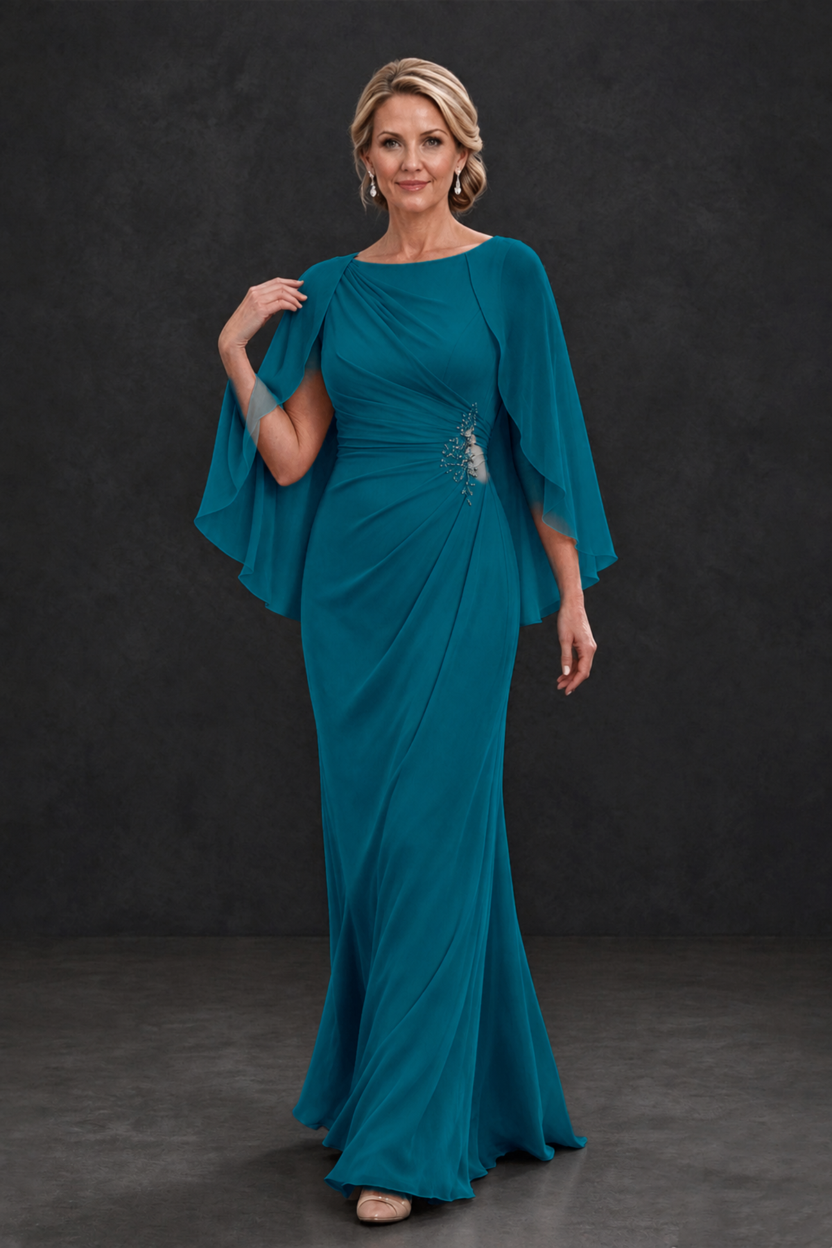 BOLODOO Peacock Cape Sleeve Mother of the Bride Dress with Ruched Waist - Peacock - Peacock_4