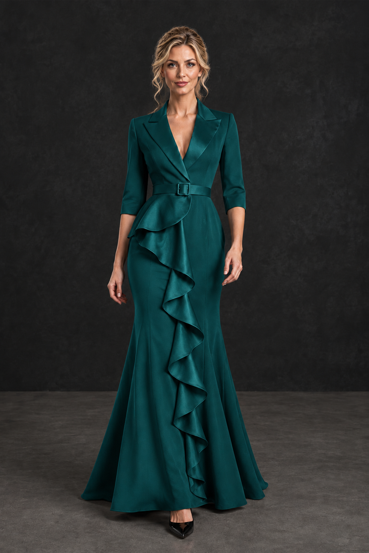 BOLODOO Peacock Lapel Ruffle Mother of the Bride Dress with Belt - Peacock - Peacock_4