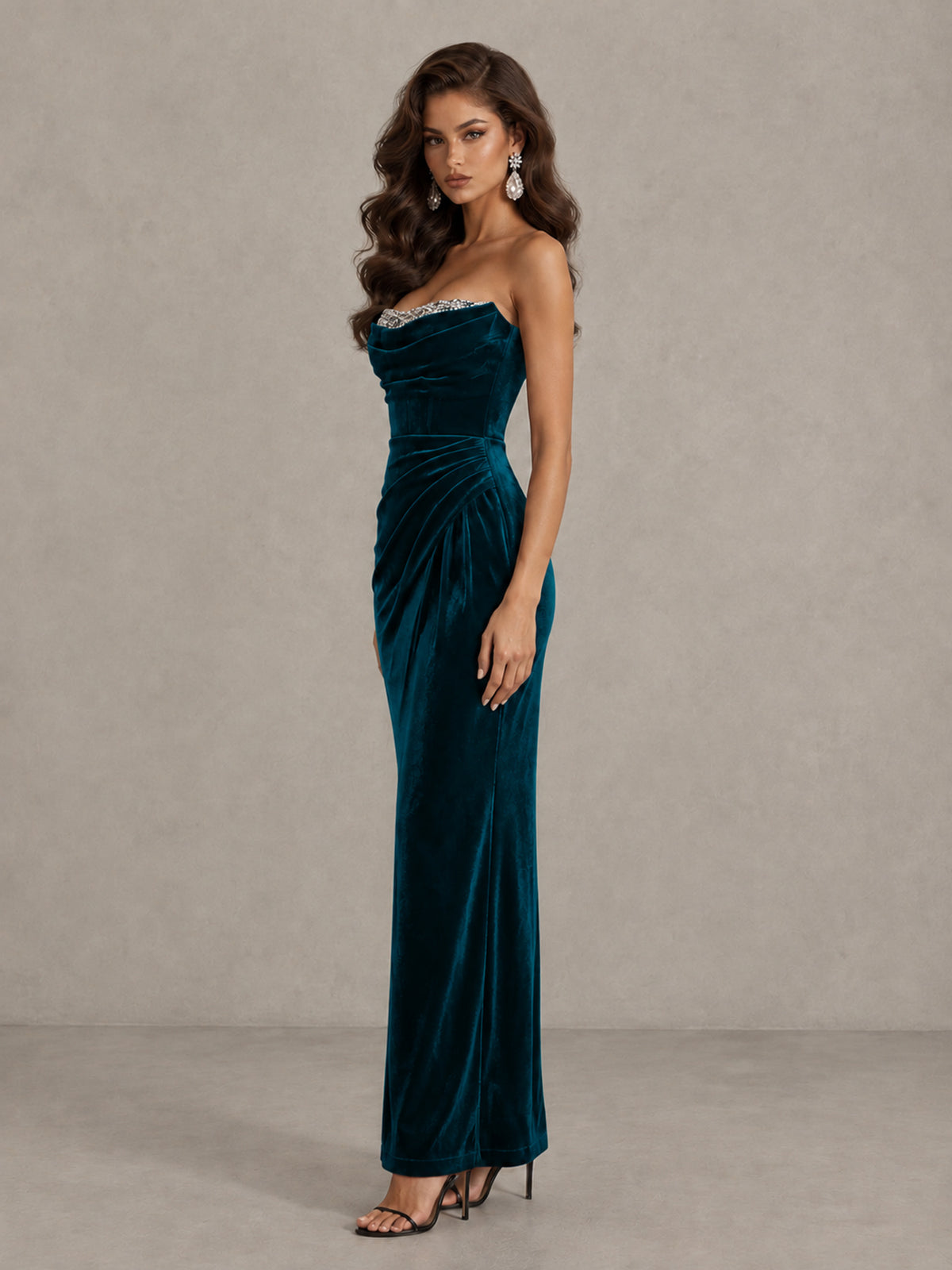 BOLODOO Peacock Strapless Velvet Cocktail Maxi Dress - Peacock - Peacock_4