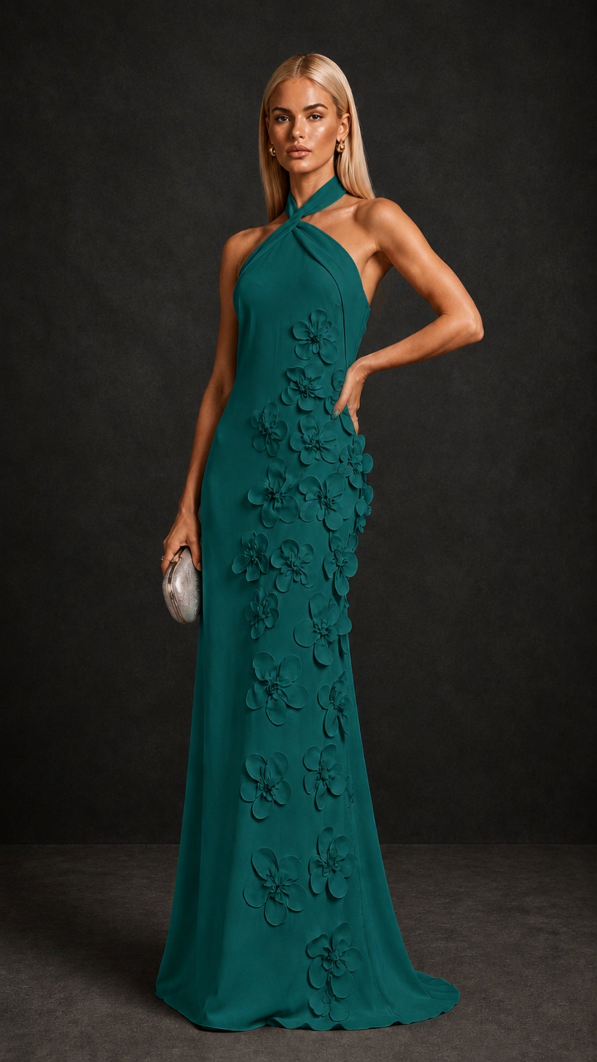 BOLODOO Peacock Cross Halter Neck 3D Floral Appliqué Backless Mermaid Maxi Gown - Peacock