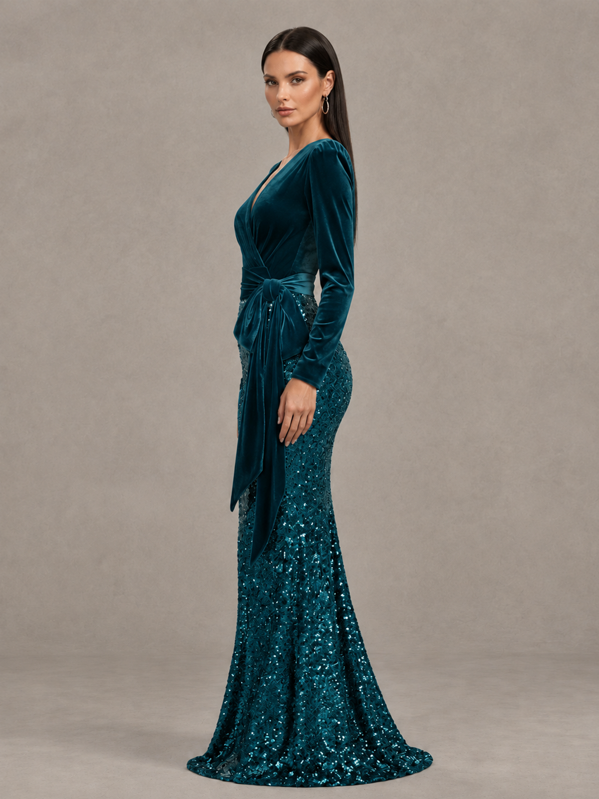 BOLODOO Peacock Velvet & Sequin Long Sleeve V-Neck Mermaid Evening Gown - Peacock - Peacock_4