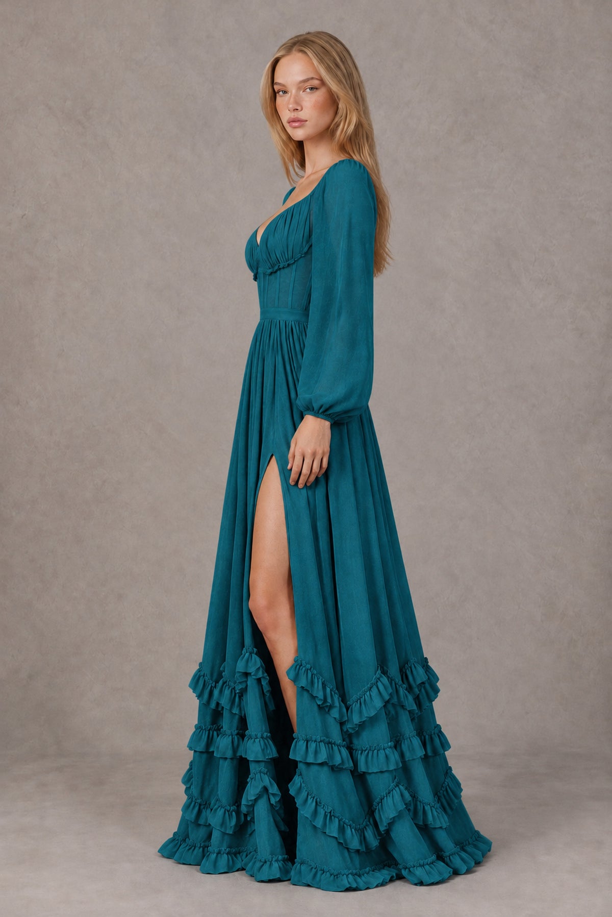 Peacock Long-Sleeve Ruffle Maxi Dress with Lace-Up Back and Slit - Peacock