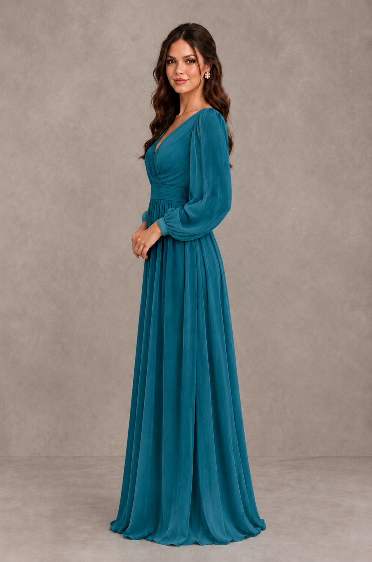 BOLODOO Peacock Long Sleeve V-Neck A-Line Bridesmaid Dress - Peacock - Peacock_4
