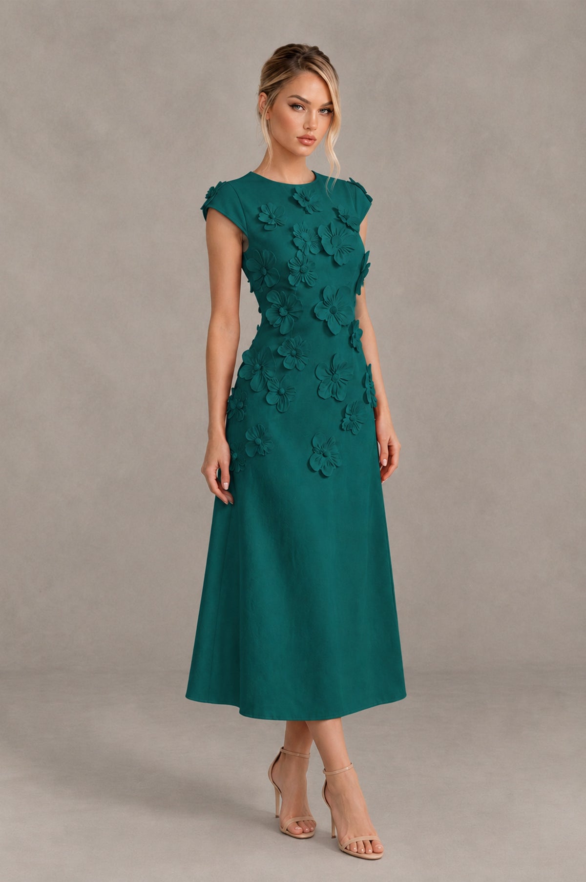 BOLODOO Peacock 3D Floral Cap Sleeve Midi Cocktail Dress - Peacock - Peacock_4