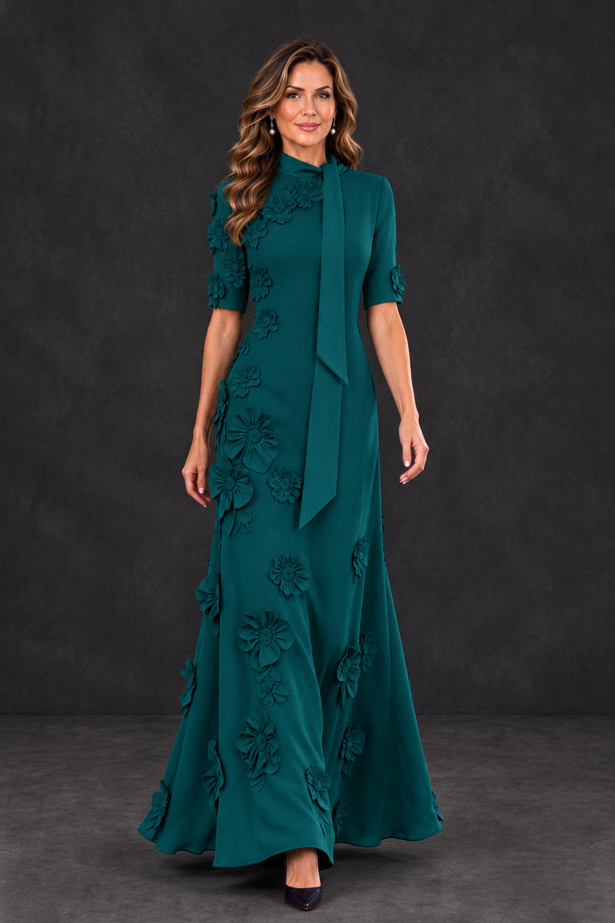 BOLODOO Peacock Floral Applique High-Neck Half-Sleeve Gown - Peacock - Peacock_4