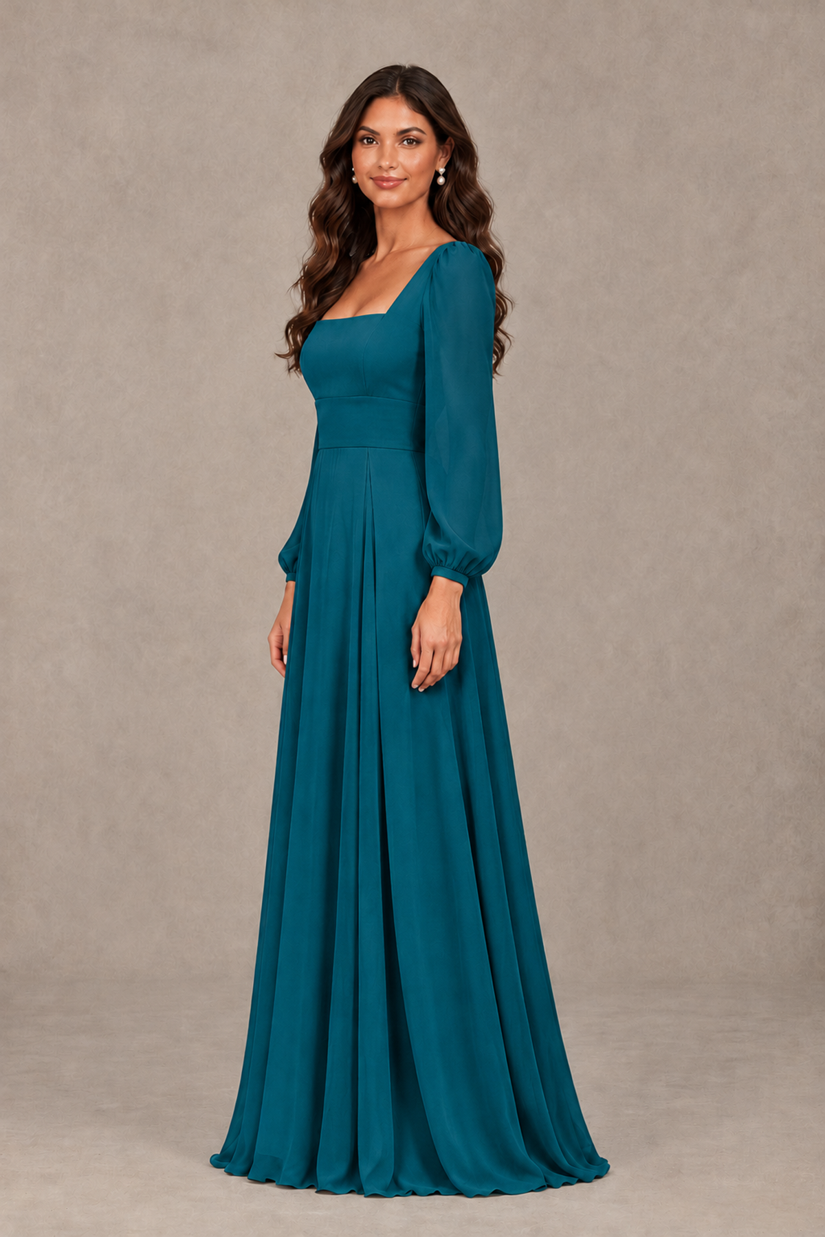 BOLODOO Peacock Square Neck Long Sleeve A-Line Bridesmaid Dress - Peacock - Peacock_4