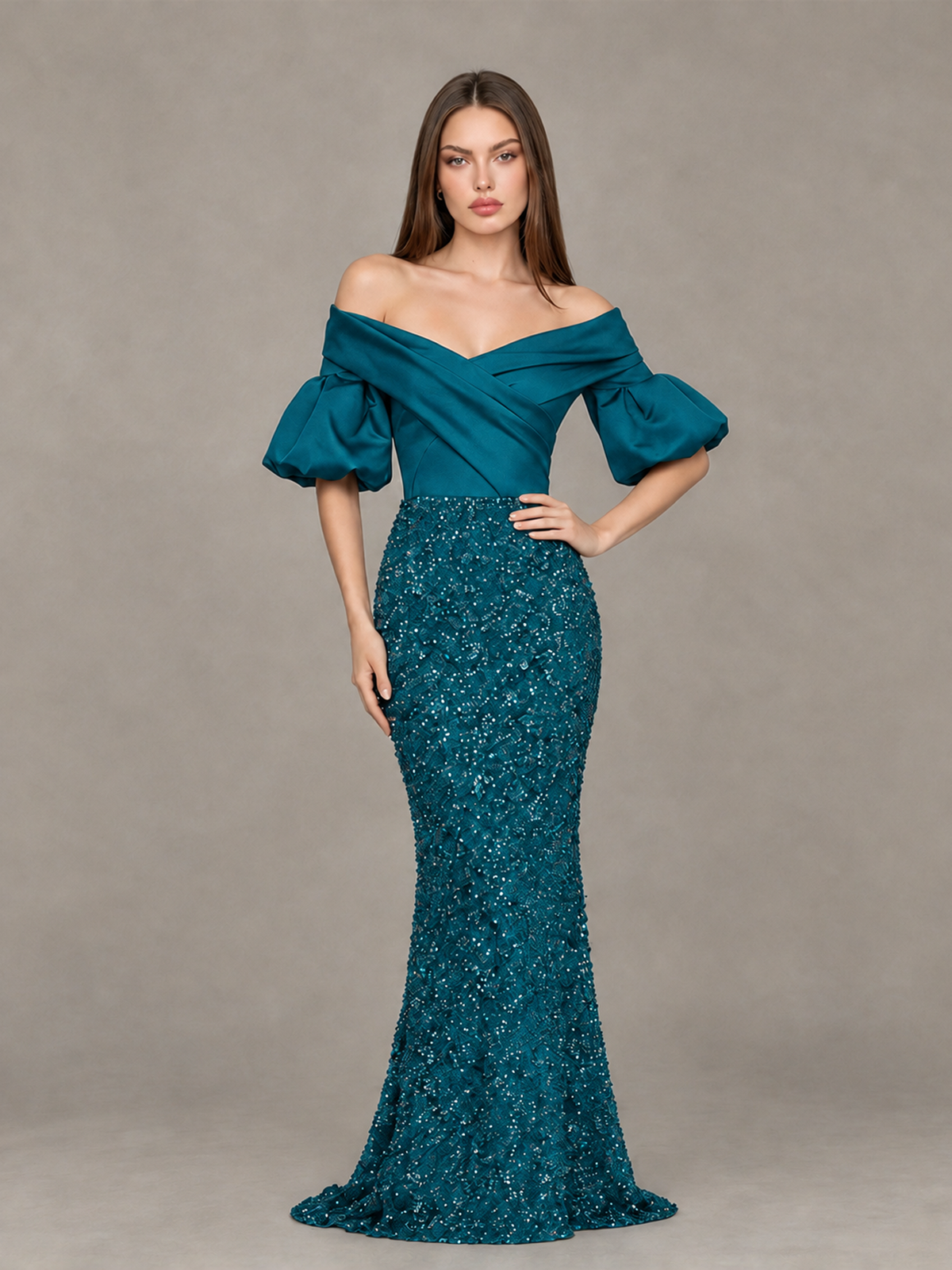 BOLODOO Peacock Off-Shoulder Puff Sleeve Sequin Mermaid Evening Dress - Peacock - Peacock_4