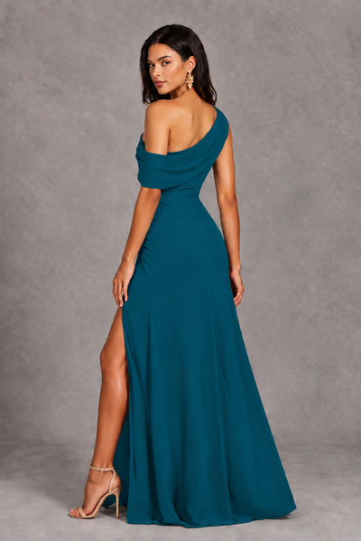 Peacock One-Shoulder Floor-Length Evening Gown with High Slit - Peacock