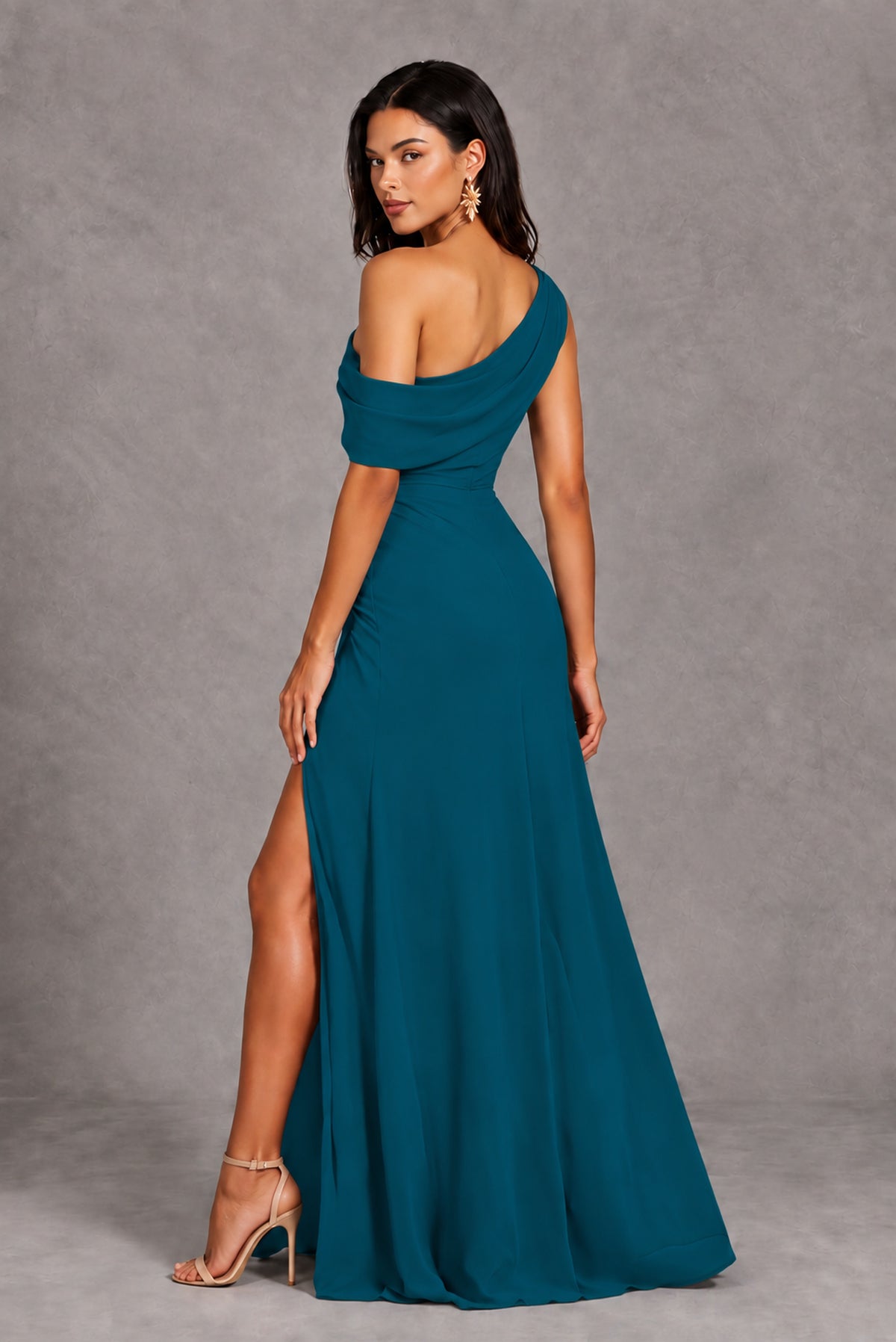 Peacock One-Shoulder Floor-Length Evening Gown with High Slit - Peacock