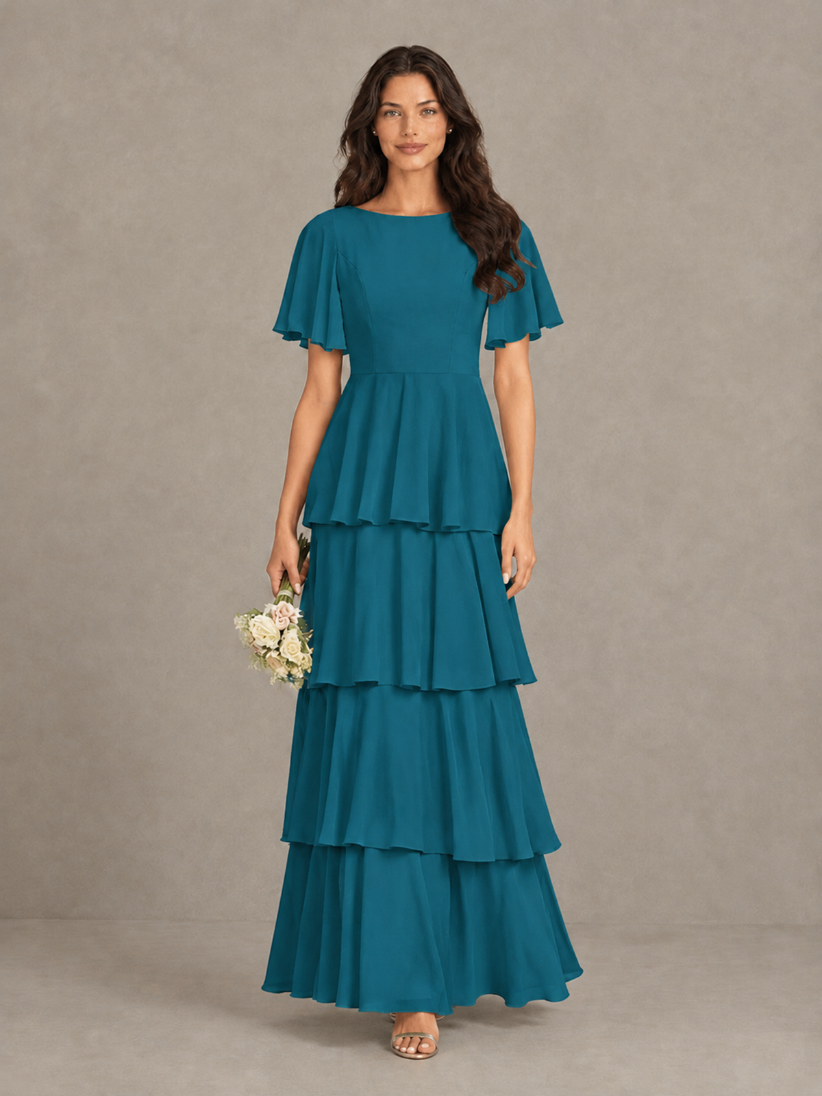 BOLODOO Peacock Tiered Flutter Sleeve Bridesmaid Dress - Peacock - Peacock_4