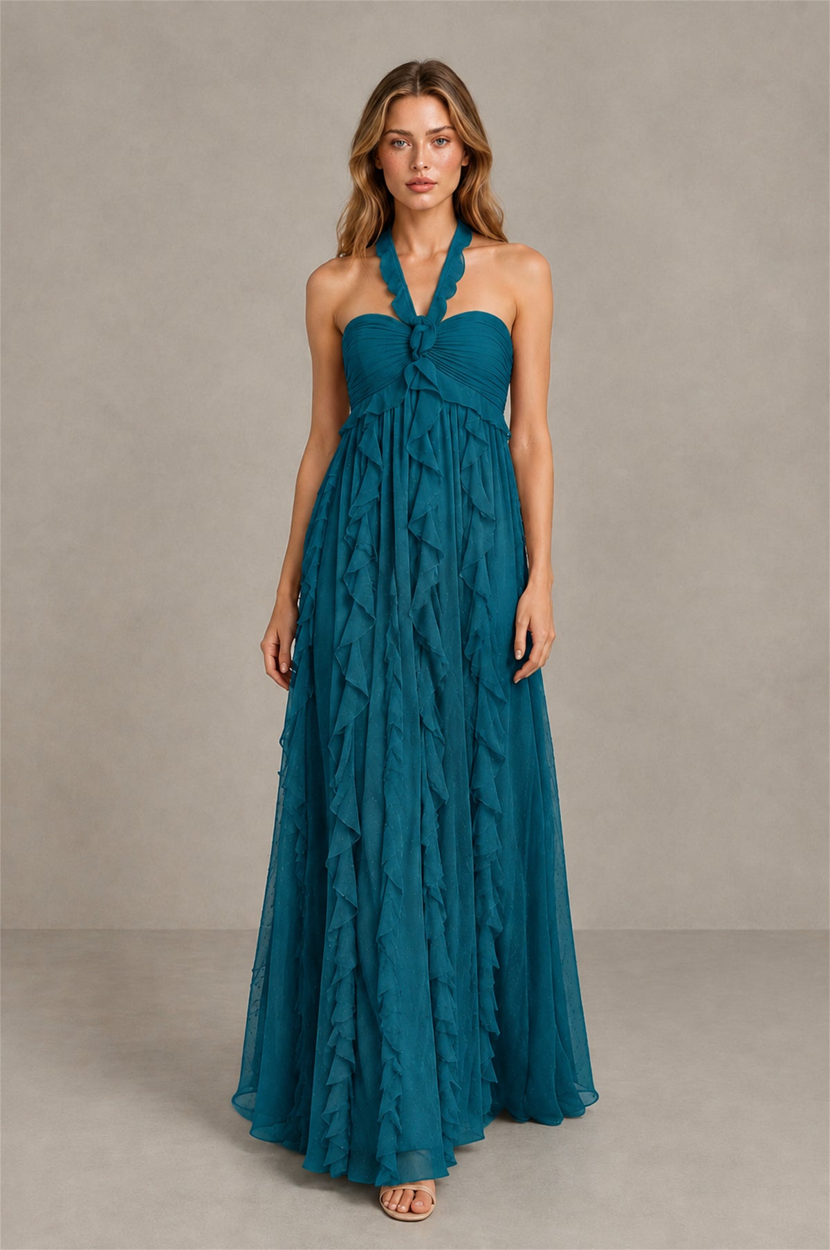 BOLODOO Peacock Halter Ruffle A-Line Floor-Length Evening Dress - Peacock - Peacock_4