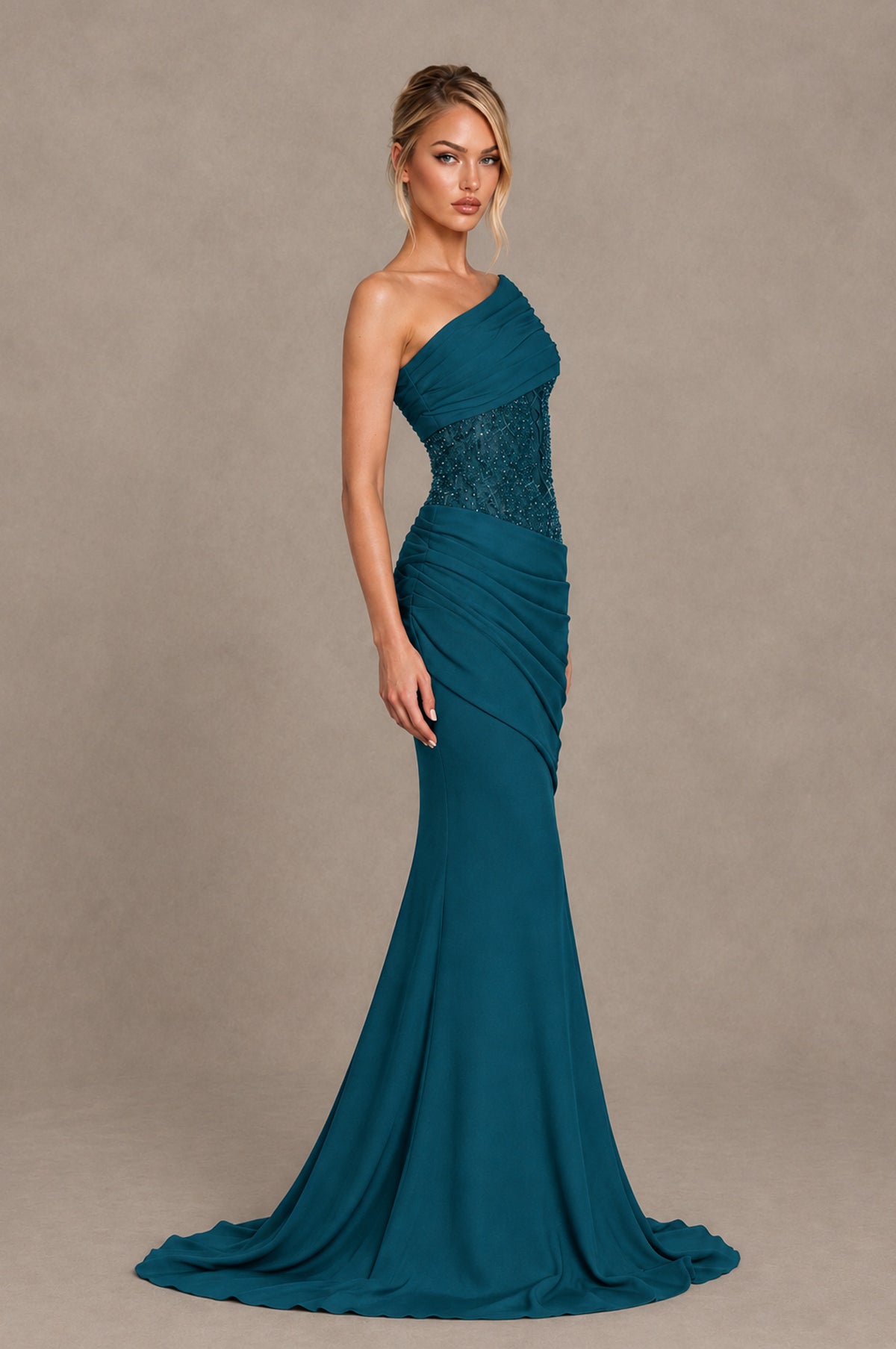 BOLODOO Peacock One-Shoulder Sequin Embroidered Ruched Mermaid Gown with Train - Peacock - Peacock_4