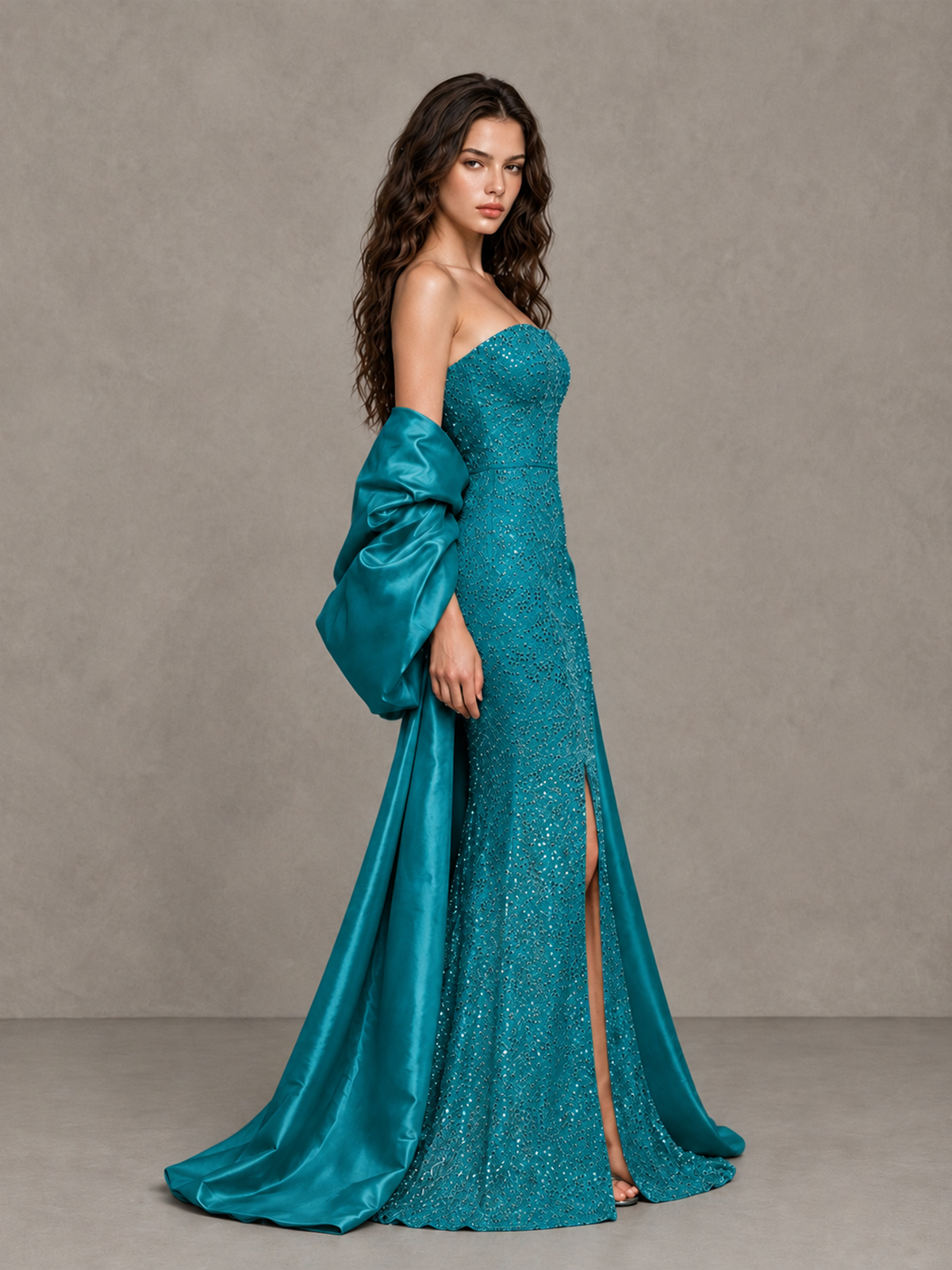 BOLODOO Peacock Strapless Sparkle Mermaid Prom Dress with Front Slit and Draped Sleeves - Peacock - Peacock_4