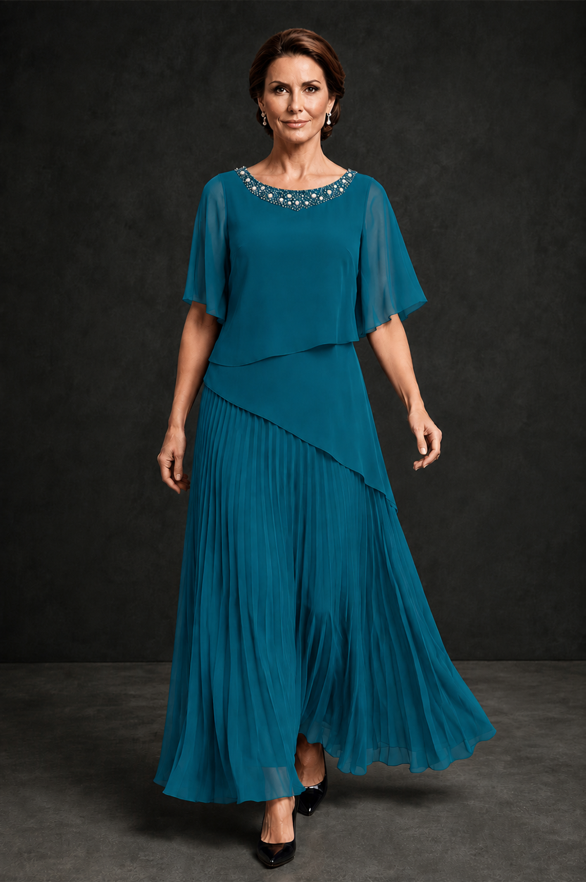 BOLODOO Peacock Pearl Beaded Neck Asymmetric Tiered Flutter Sleeve Pleated Chiffon Maxi Dress - Peacock - Peacock_4