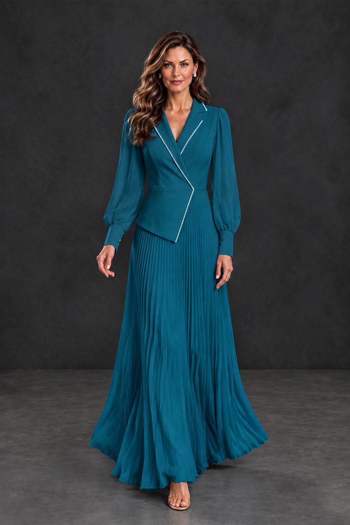 BOLODOO Peacock Long Sleeve Pleated Mother of the Bride Dress - Peacock - Peacock_4