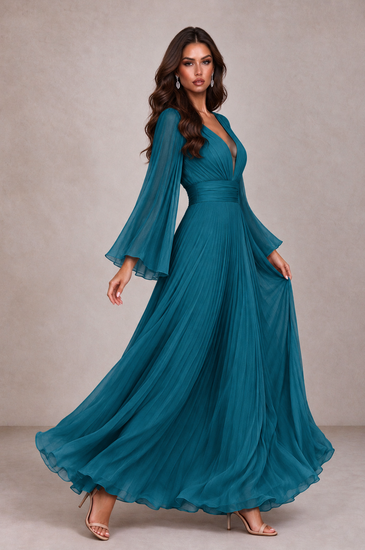 BOLODOO Peacock Pleated Deep V-Neck Long Bell Sleeve Evening Dress - Peacock - Peacock_4