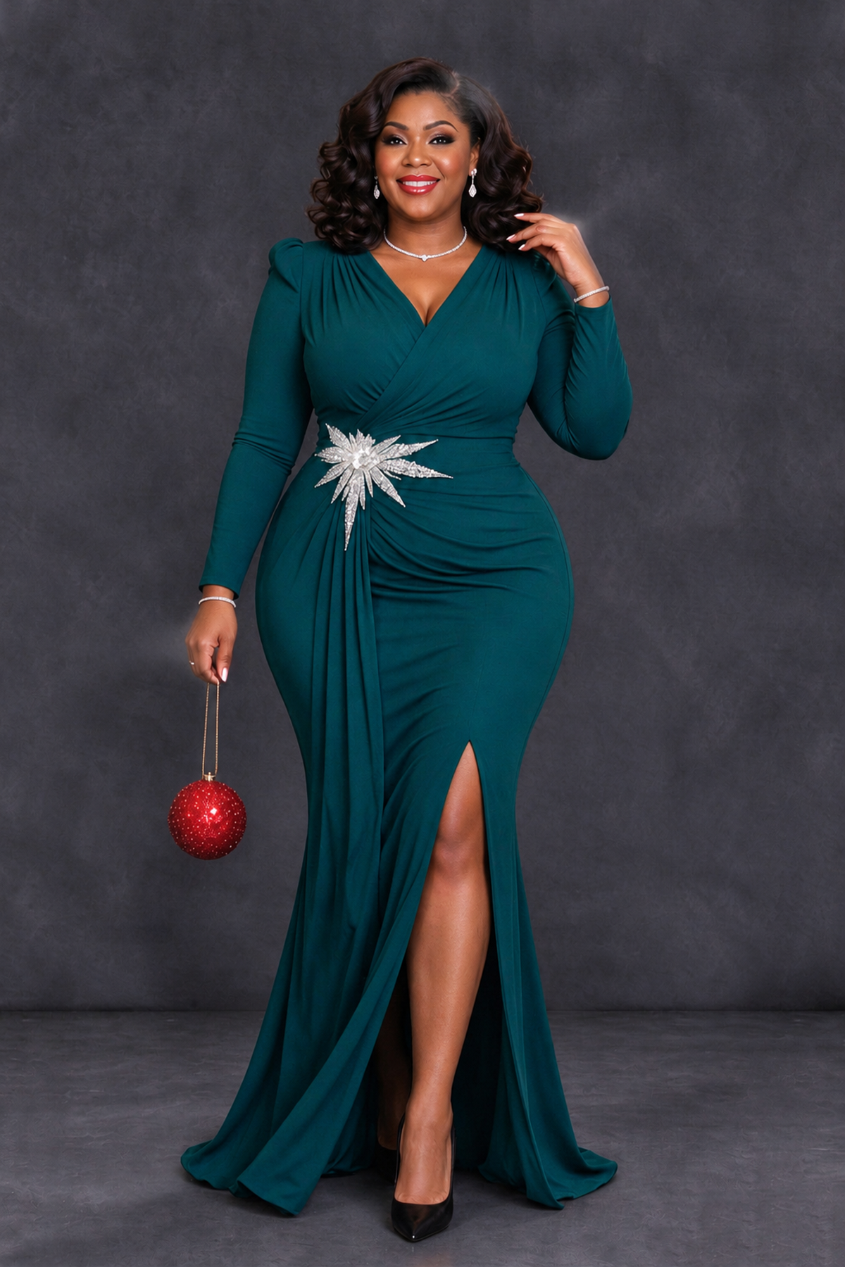 BOLODOO Peacock Plus Size Long Sleeve V-Neck Mother of the Bride Dress with Slit - Peacock - Peacock_4