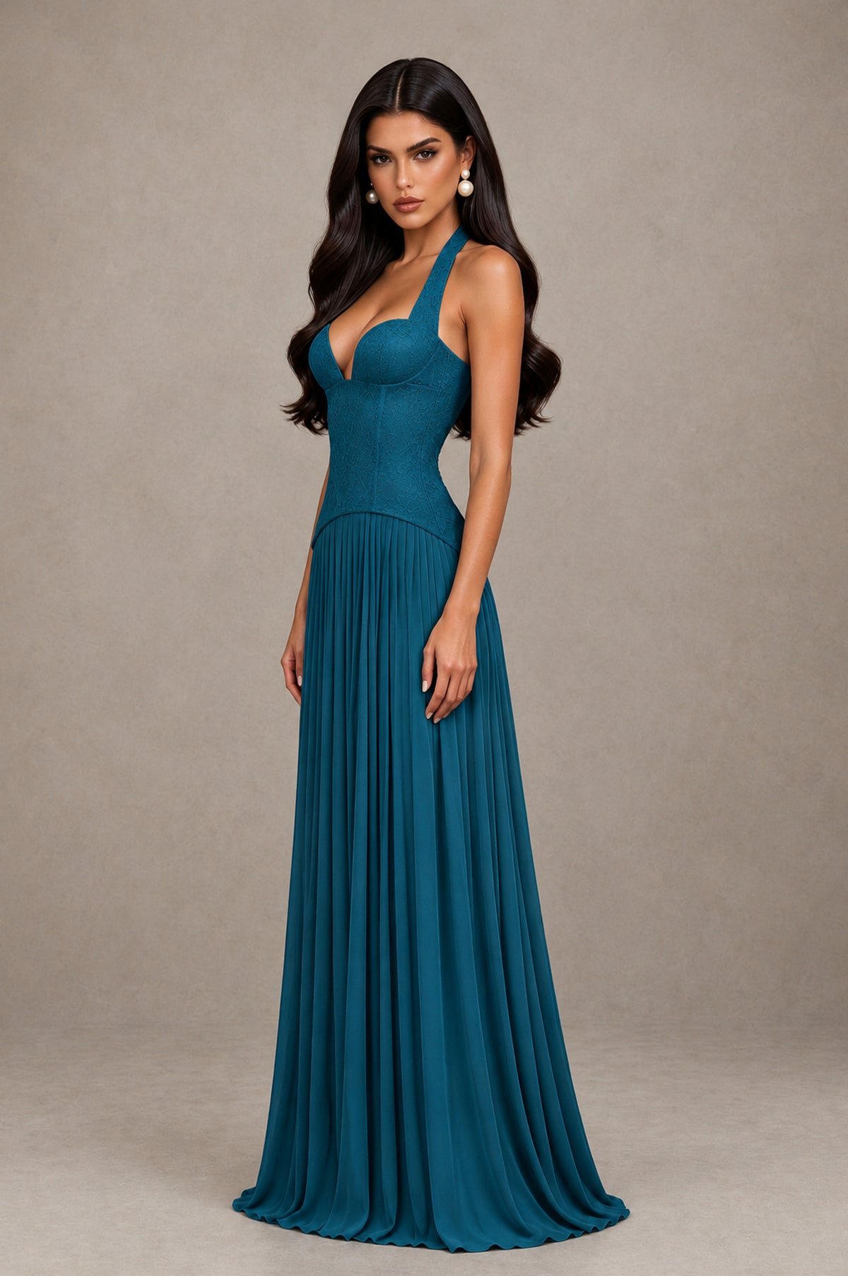 BOLODOO Peacock Halter Corset Pleated A-Line Evening Dress - Peacock - Peacock_4