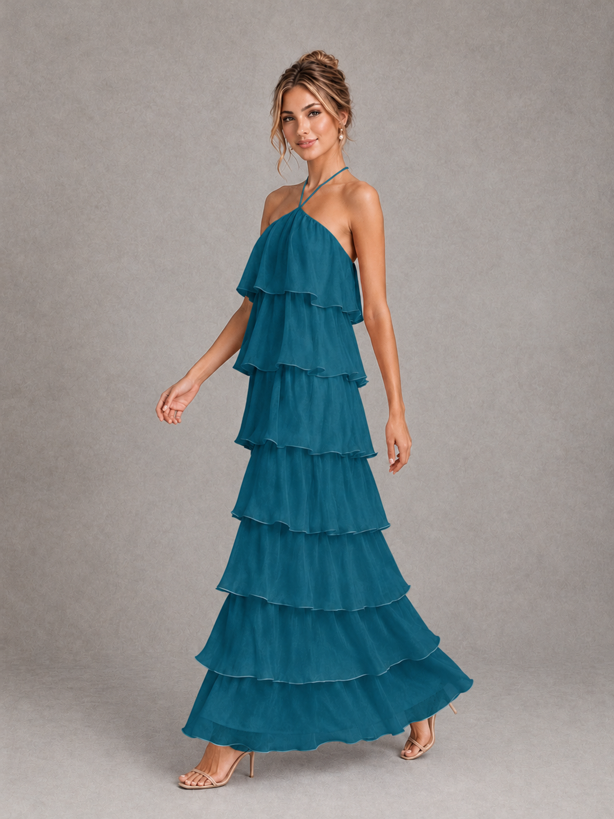 BOLODOO Peacock Halter Tiered Ruffle Maxi Bridesmaid Dress - Peacock - Peacock_4
