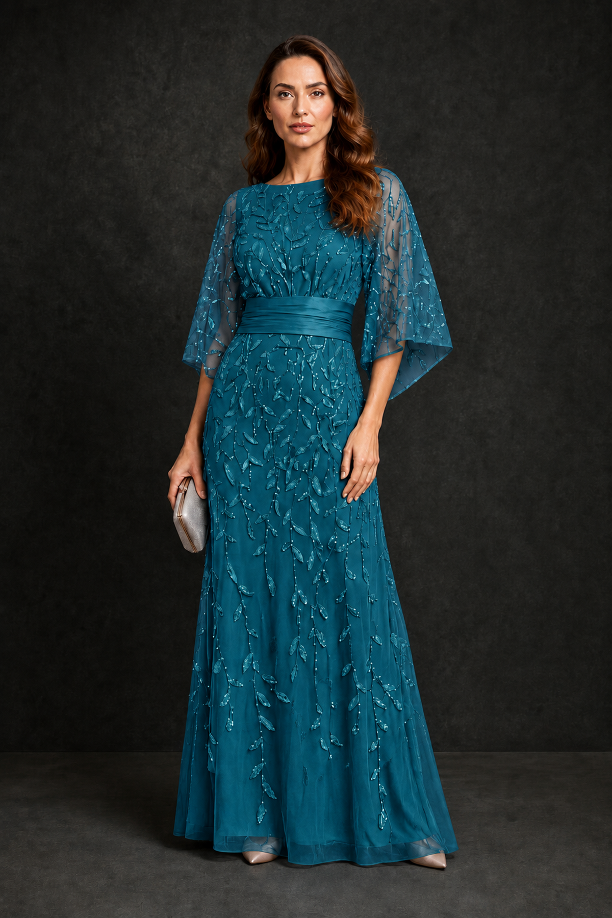 BOLODOO Peacock Bateau Neck Bell Sleeve Sequin Embroidered Satin Waist A-Line Maxi Dress - Peacock - Peacock_4