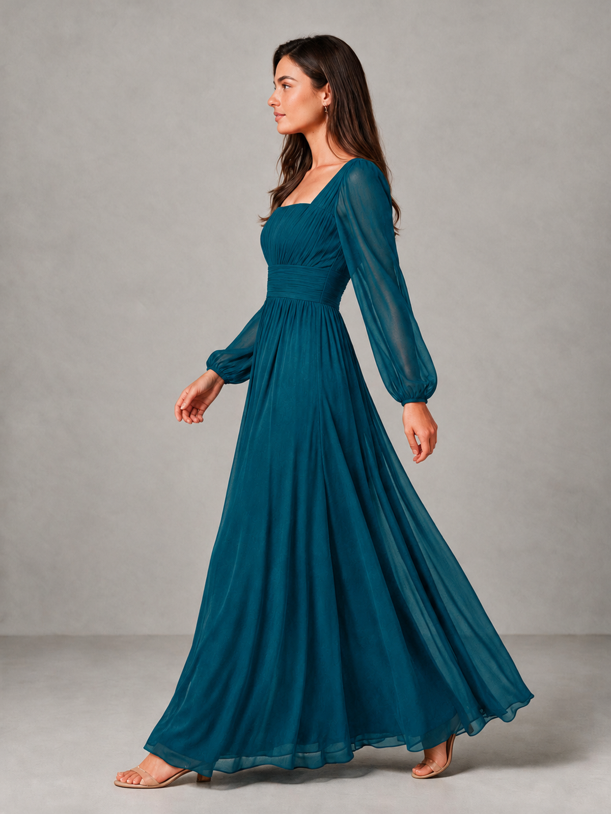 BOLODOO Peacock Square Neck Long Sleeve Chiffon Bridesmaid Dress - Peacock - Peacock_4