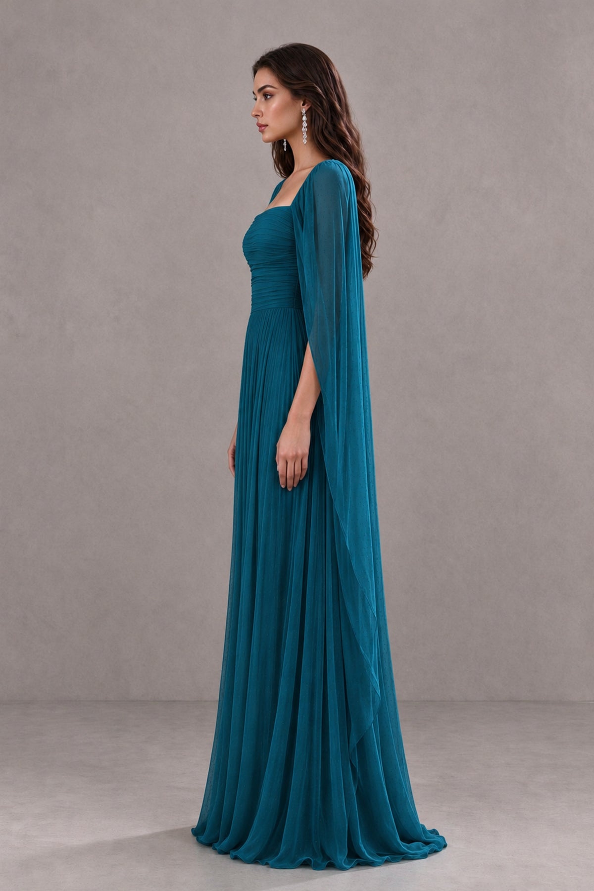 BOLODOO Peacock Square Neck Cape Sleeve A-Line Evening Dress - Peacock - Peacock_4