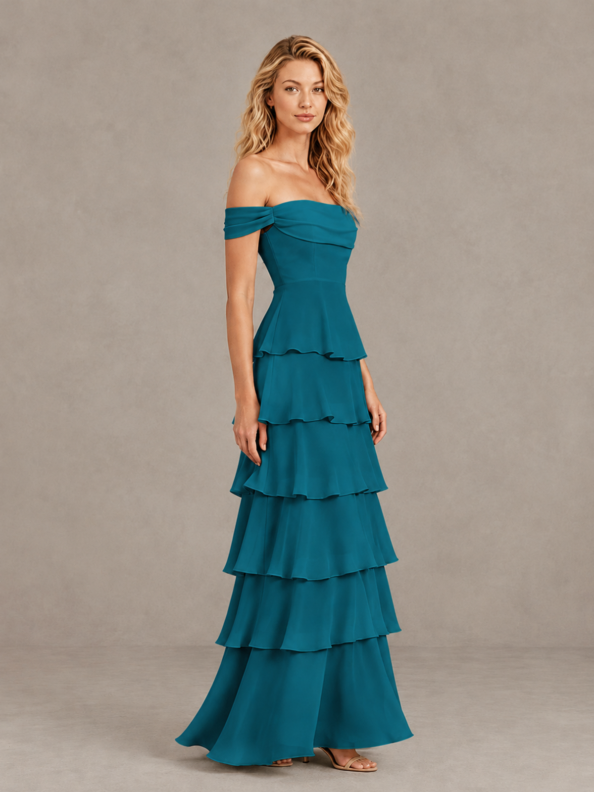 BOLODOO Peacock Off-Shoulder Tiered Ruffle Bridesmaid Dress with Lace-Up Back - Peacock - Peacock_4