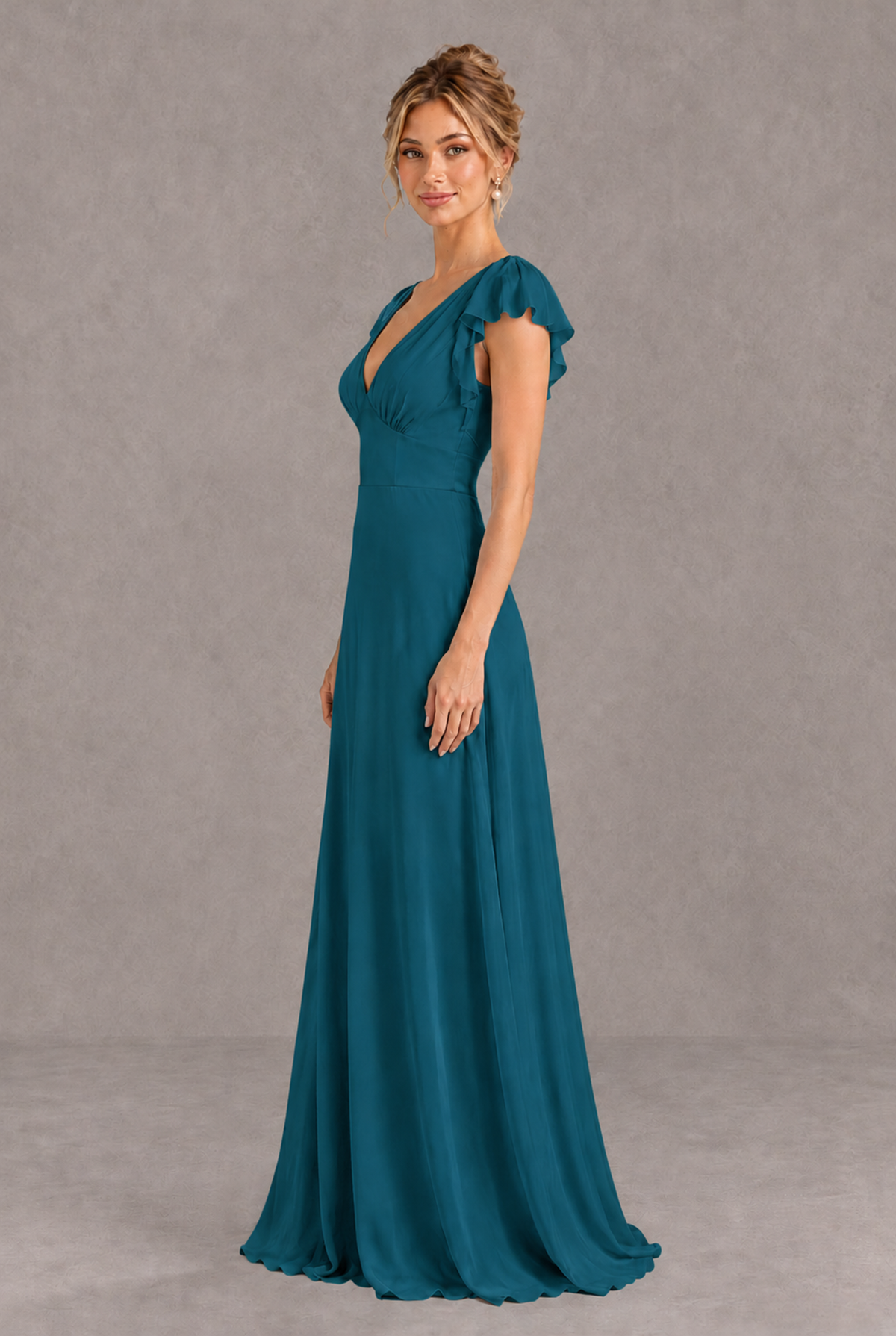 BOLODOO Peacock V-Neck Flutter Sleeve A-Line Bridesmaid Dress - Peacock - Peacock_4