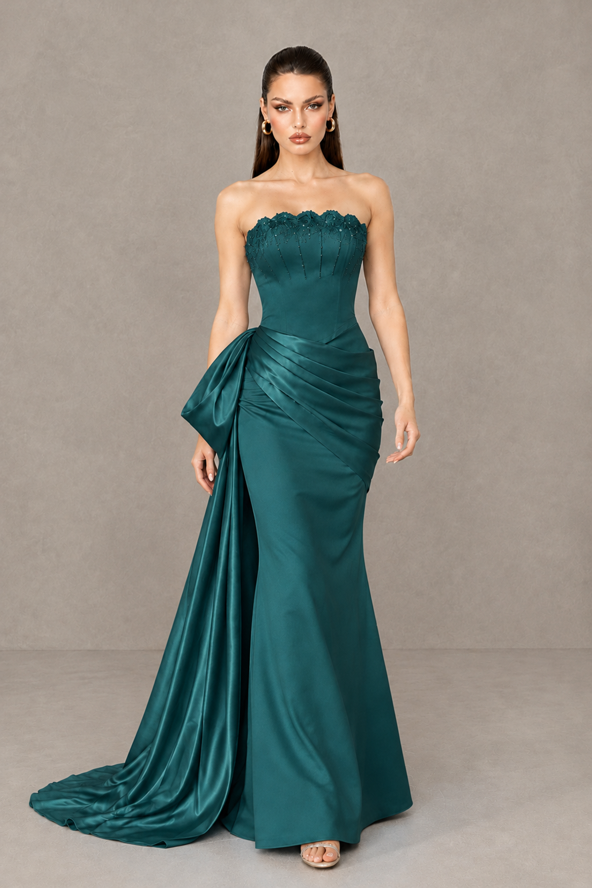 BOLODOO Peacock Strapless Satin Prom Dress with Draped Side Train - Peacock - Peacock_4