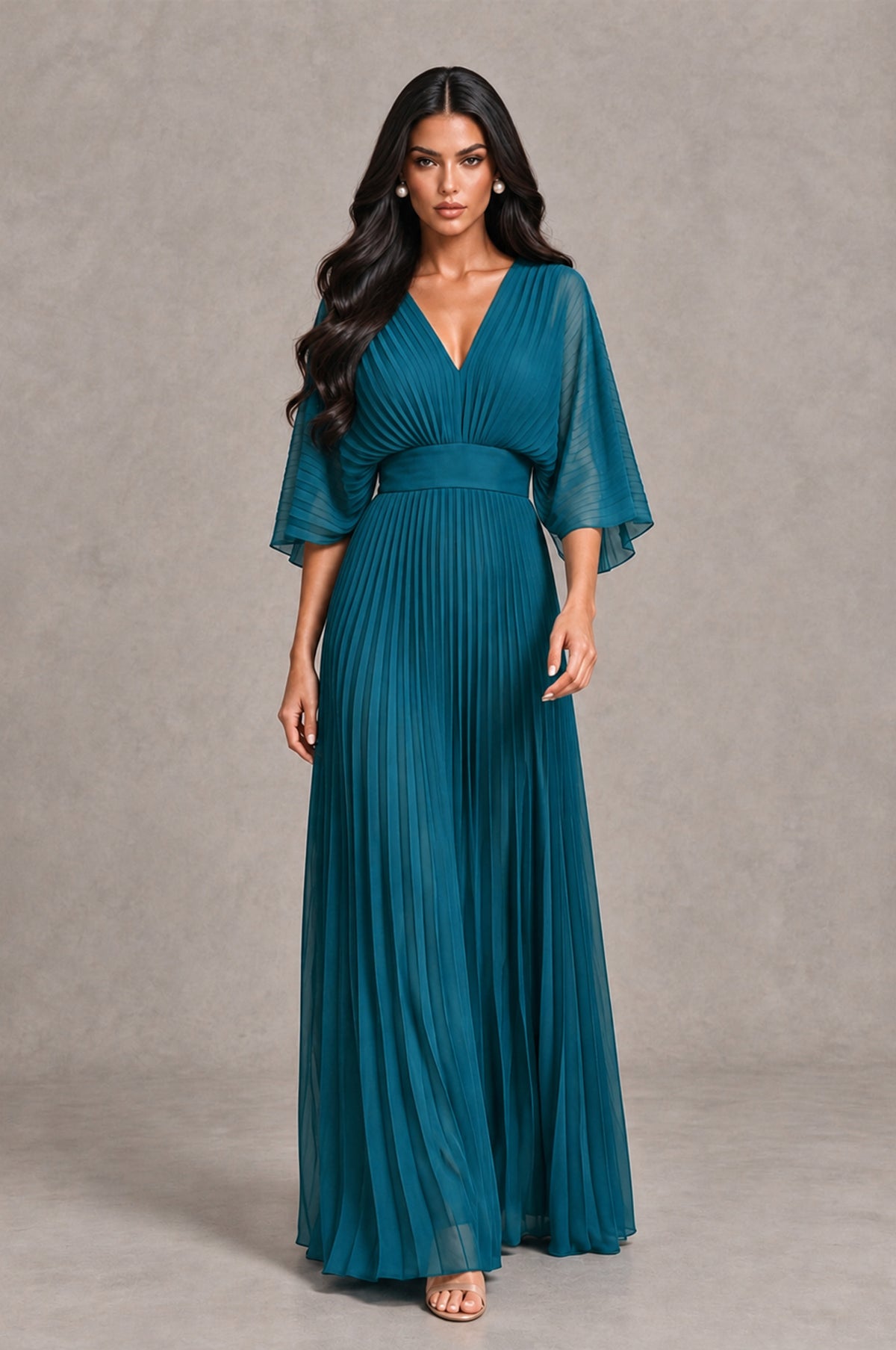 BOLODOO Peacock V-Neck Pleated Flutter Sleeve Formal Dress - Peacock - Peacock_4