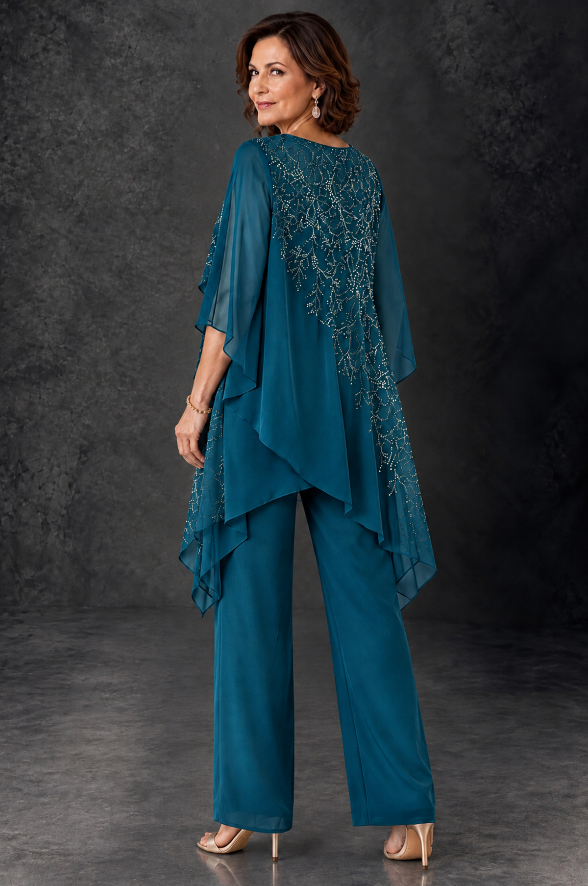 BOLODOO Peacock Embellished Cape Pant Suit for Mother of the Bride - Peacock - Peacock_4