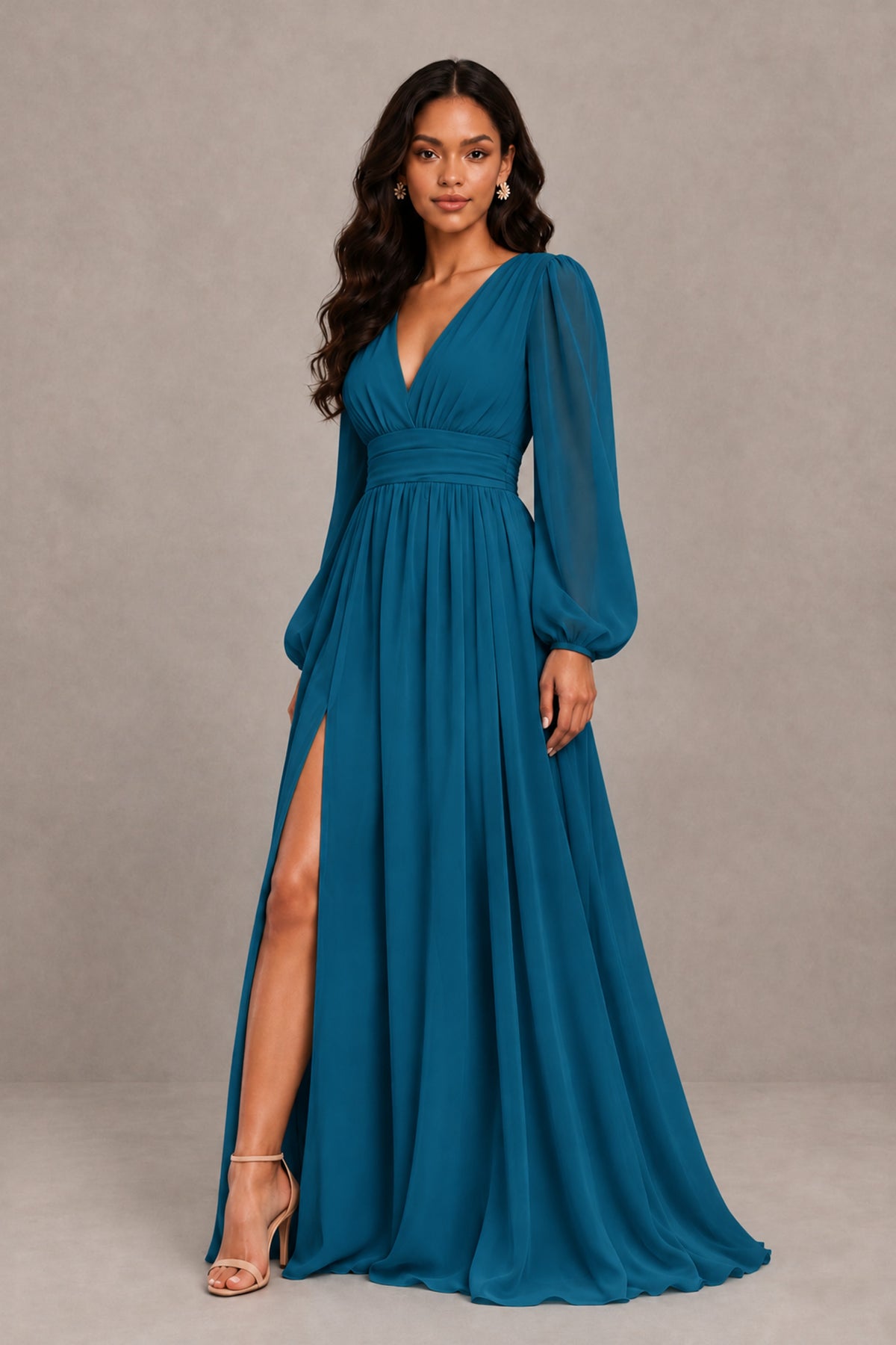 BOLODOO Peacock Long Sleeve V-Neck A-Line Gown with Open Back & Slit - Peacock - Peacock_4