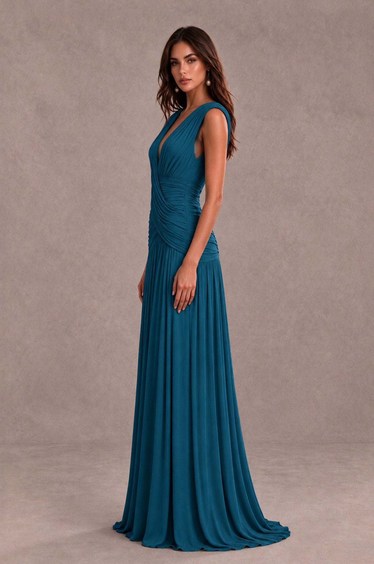 BOLODOO Peacock V-Neck Ruched Wedding Guest Dress - Peacock - Peacock_4
