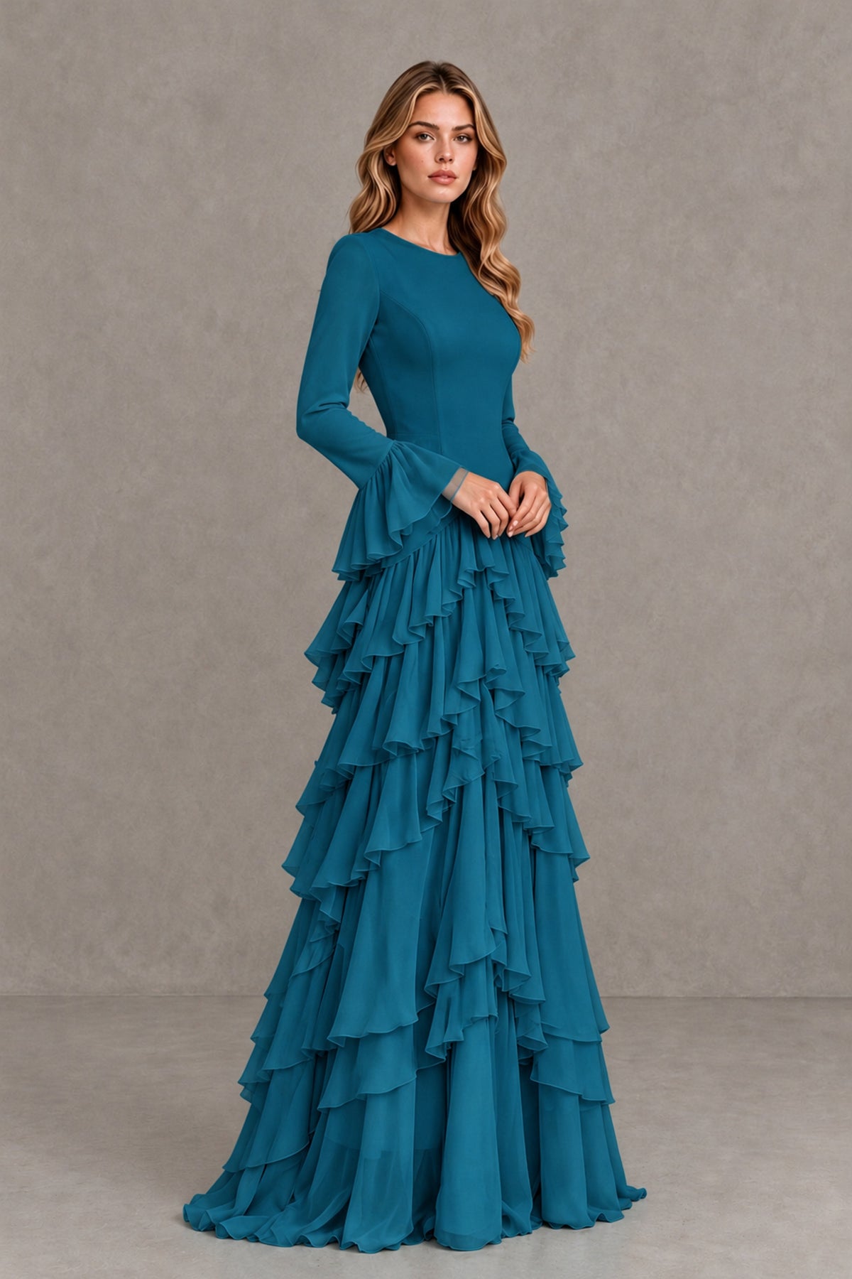 Peacock Long Sleeve Tiered Ruffle Evening Gown - Peacock - Peacock_4