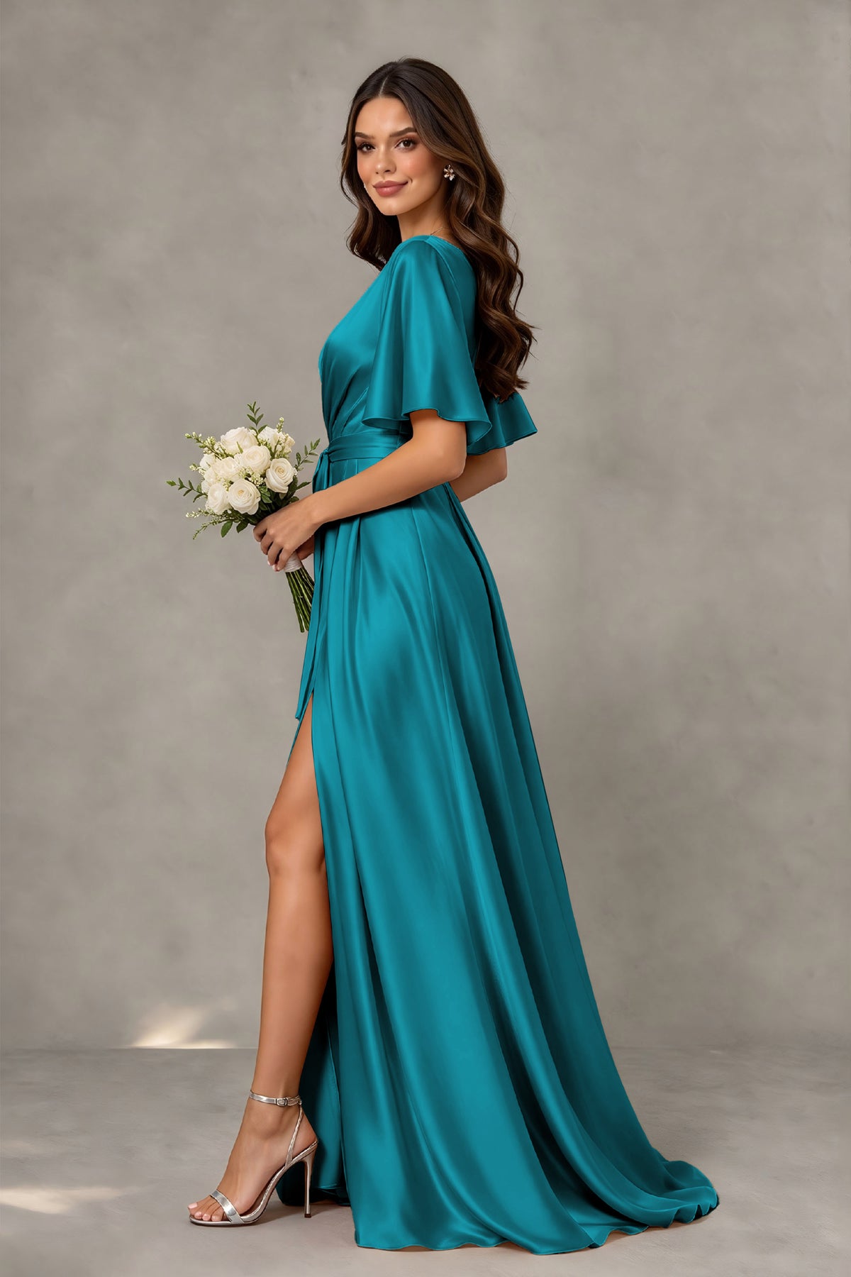 BOLODOO Peacock Satin V-Neck Flutter Sleeve Bridesmaid Dress with Slit - Peacock - Peacock(4)