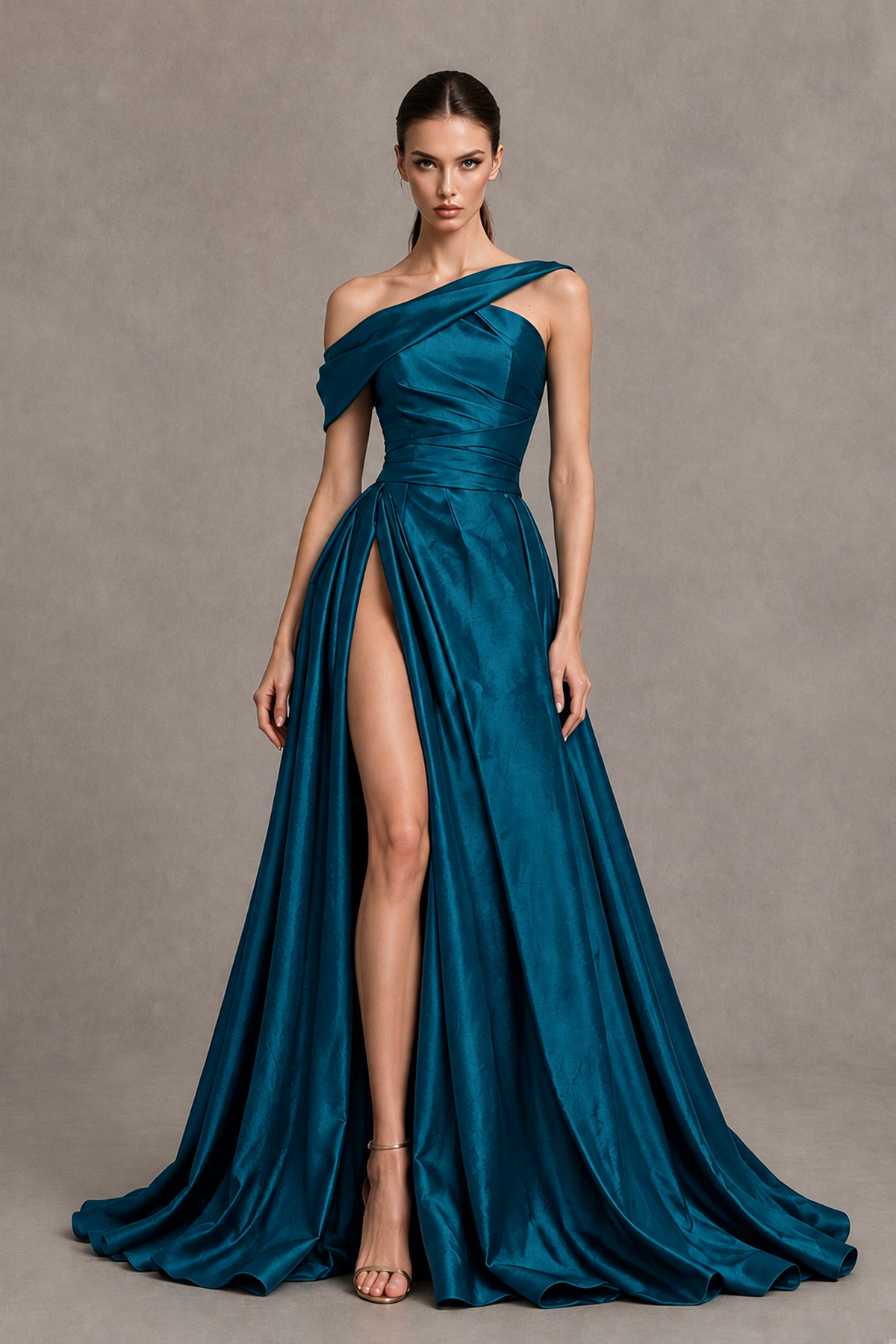 BOLODOO Peacock Asymmetric Satin-Look A-Line Prom Dress with High Slit - Peacock - Peacock_4