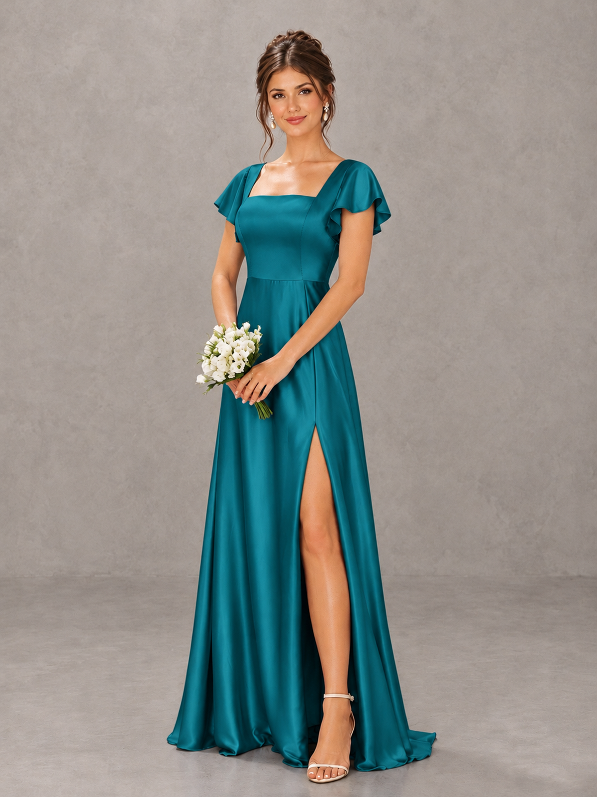 BOLODOO Peacock Satin Square Neck Flutter Sleeve A-Line Bridesmaid Dress with Slit - Peacock - Peacock_4