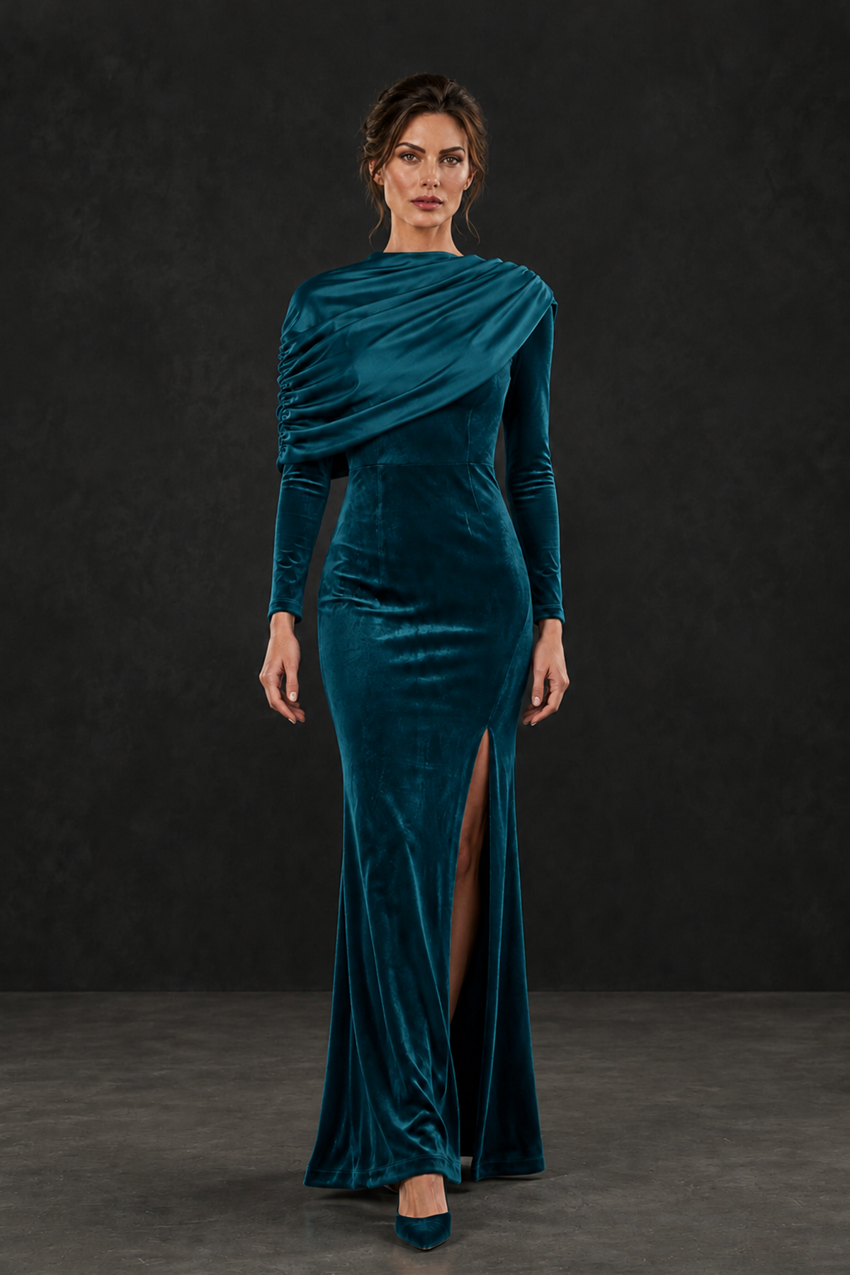 BOLODOO Peacock Velvet Long Sleeve Draped Mother of the Bride Dress - Peacock - Peacock_4