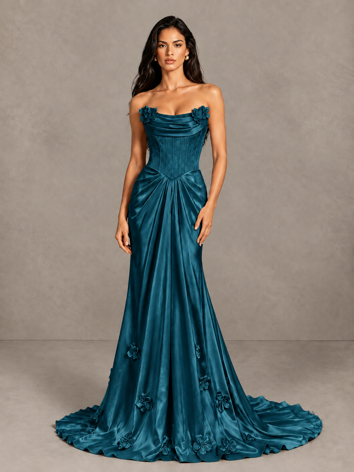 BOLODOO Peacock Strapless Floral Corset Evening Gown with Train - Peacock - Peacock_4