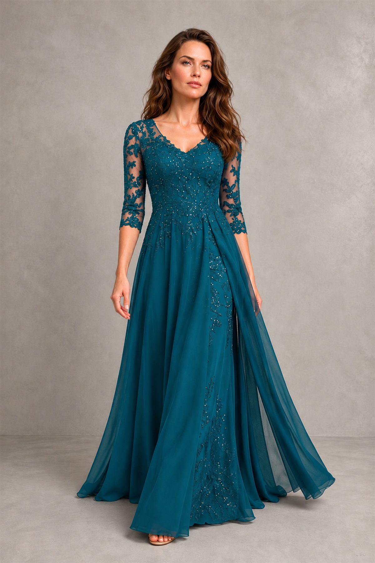 BOLODOO Midnight Peacock Beaded Lace Appliqué Chiffon A-Line Gown | Mother of the Bride & Formal Evening Dress - Peacock - Peacock_4