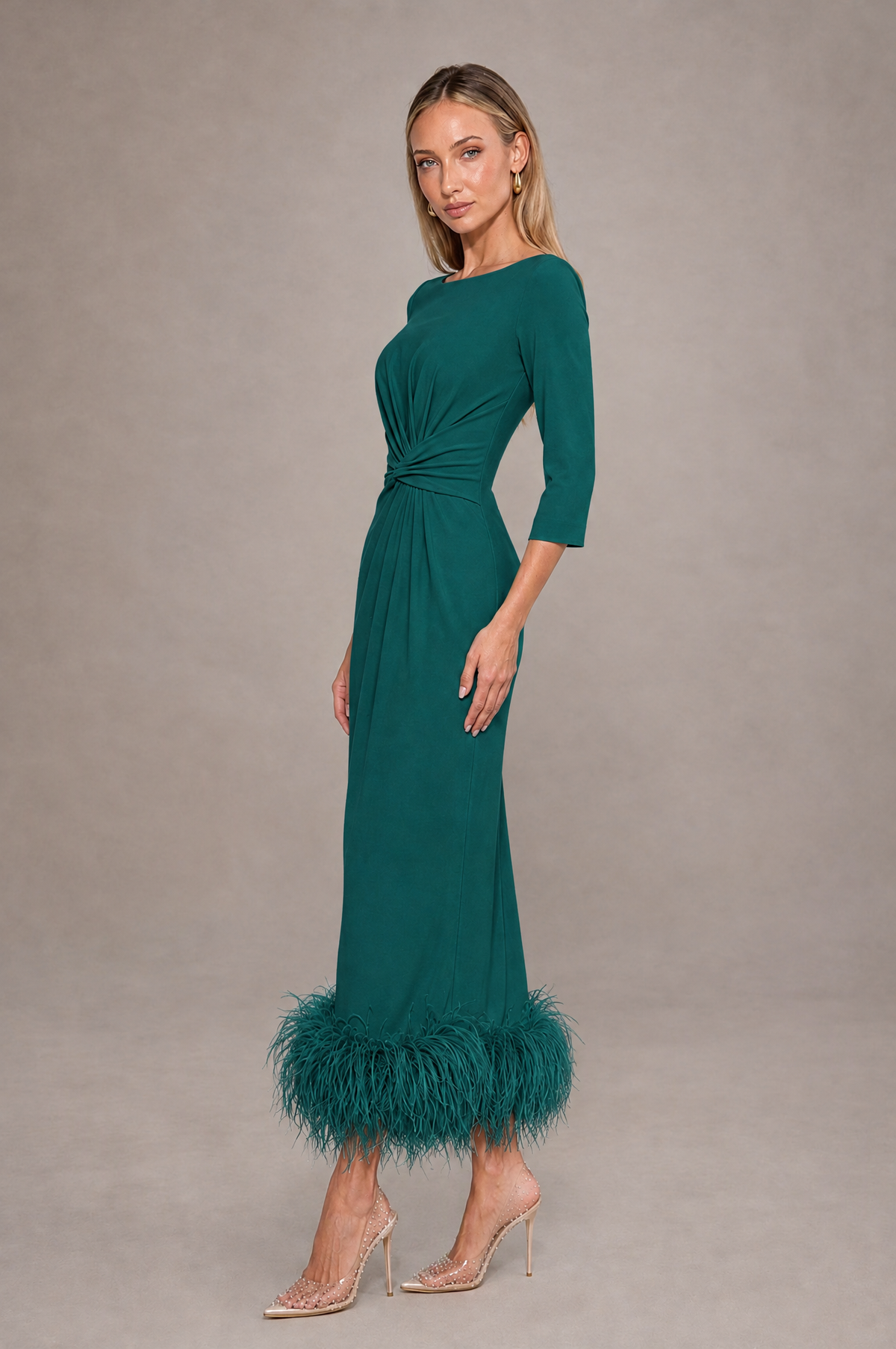 BOLODOO Peacock Feather-Trim Twist-Waist Midi Dress - Peacock - Peacock_4